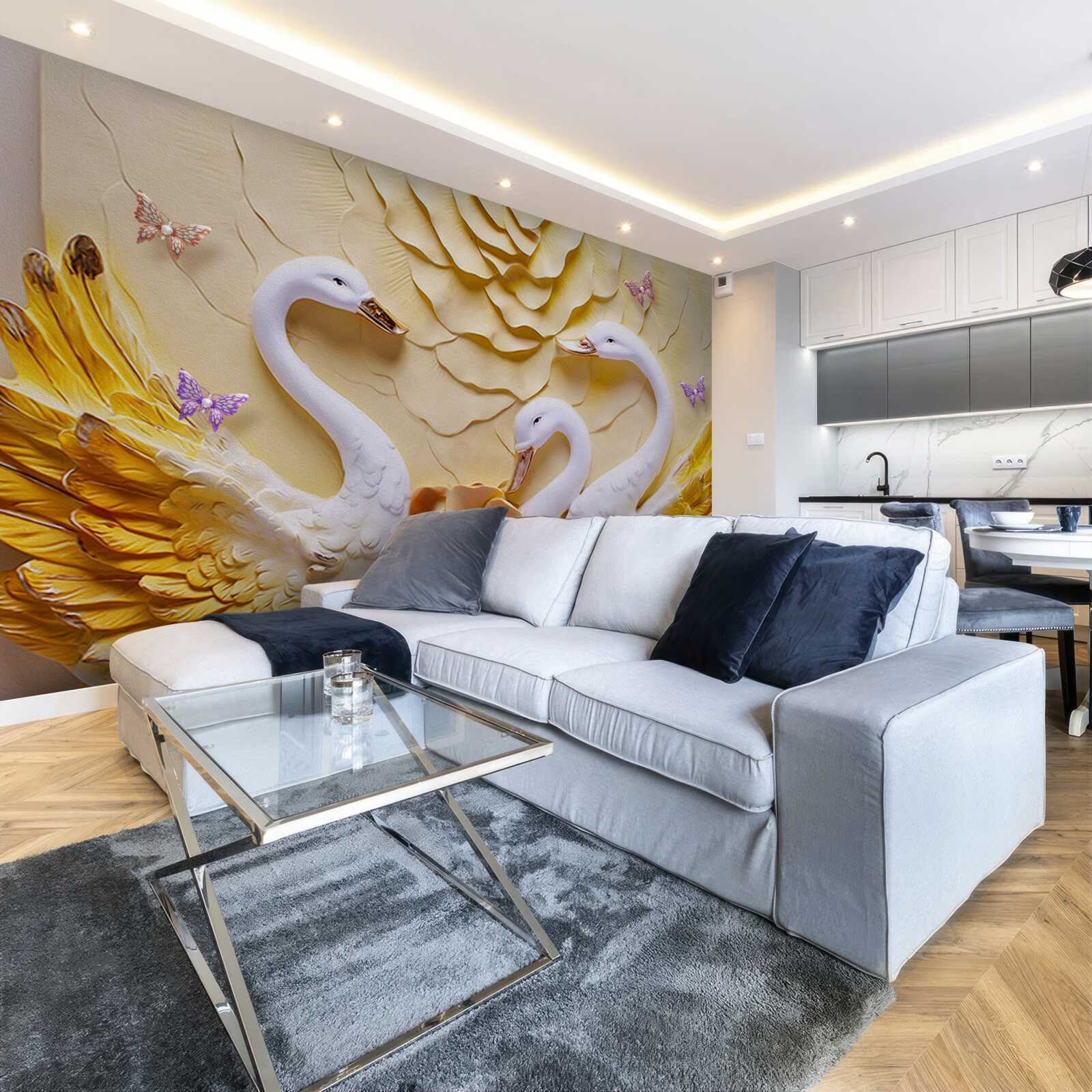 Papier peint Les cygnes sont blancs et leurs ailes sont ornées de bandes dorées.