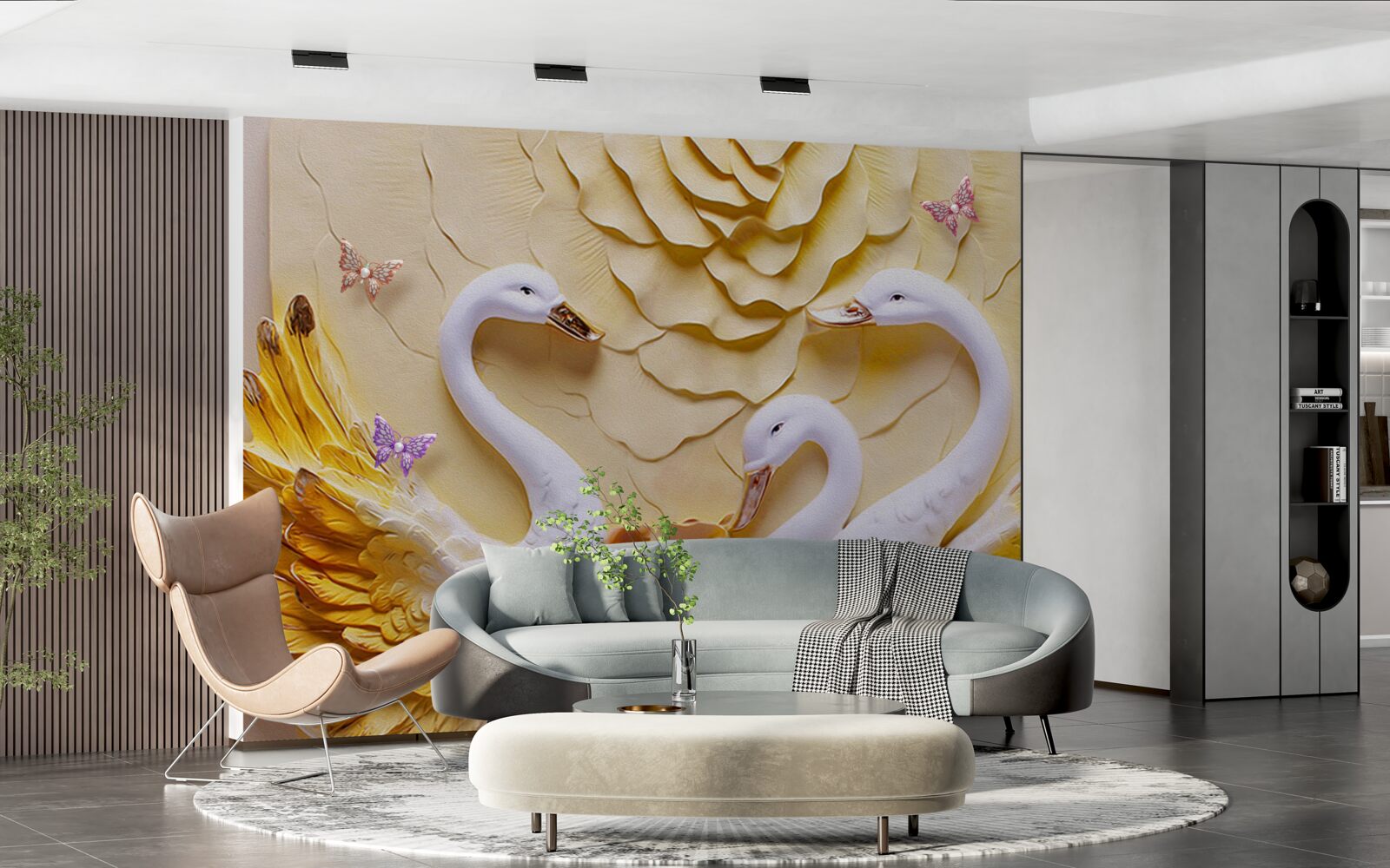 Papier peint Les cygnes sont blancs et leurs ailes sont ornées de bandes dorées.