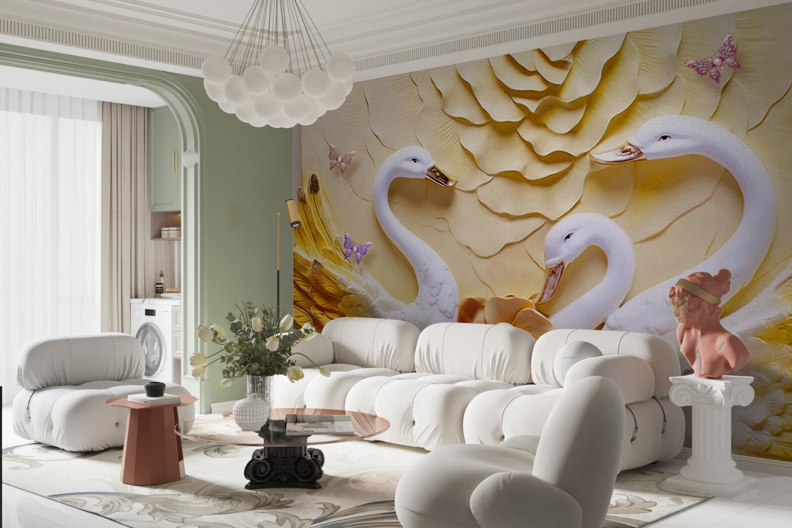 Papier peint Les cygnes sont blancs et leurs ailes sont ornées de bandes dorées.