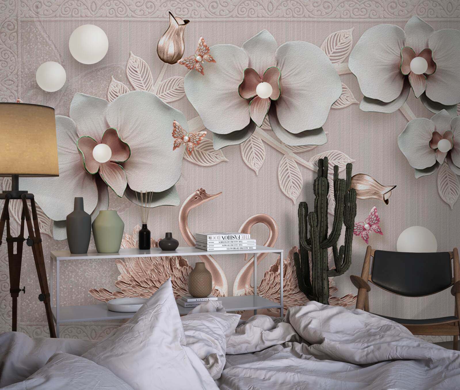 Papier peint des cygnes décorés d'or nagent parmi les fleurs d'eau