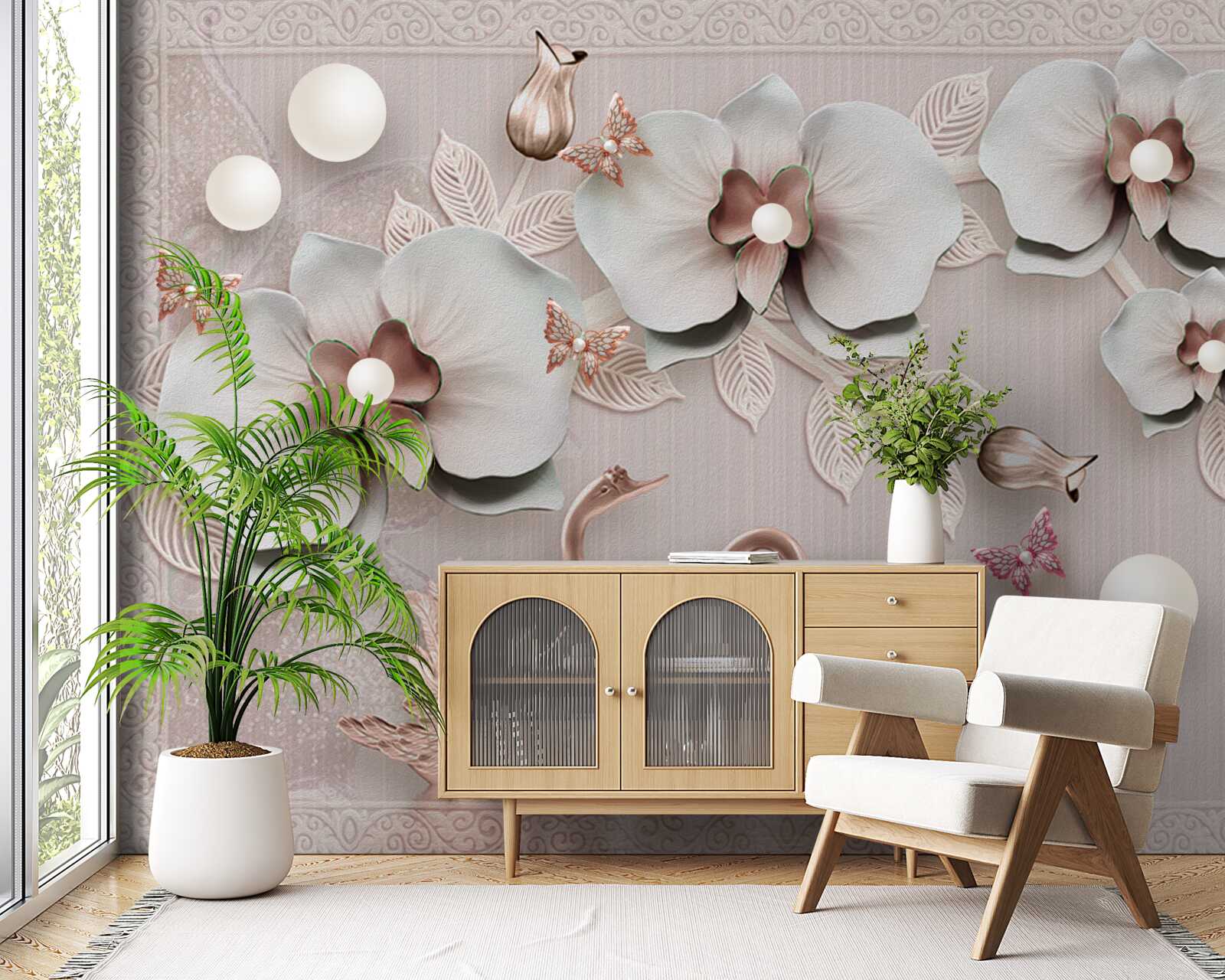 Papier peint des cygnes décorés d'or nagent parmi les fleurs d'eau