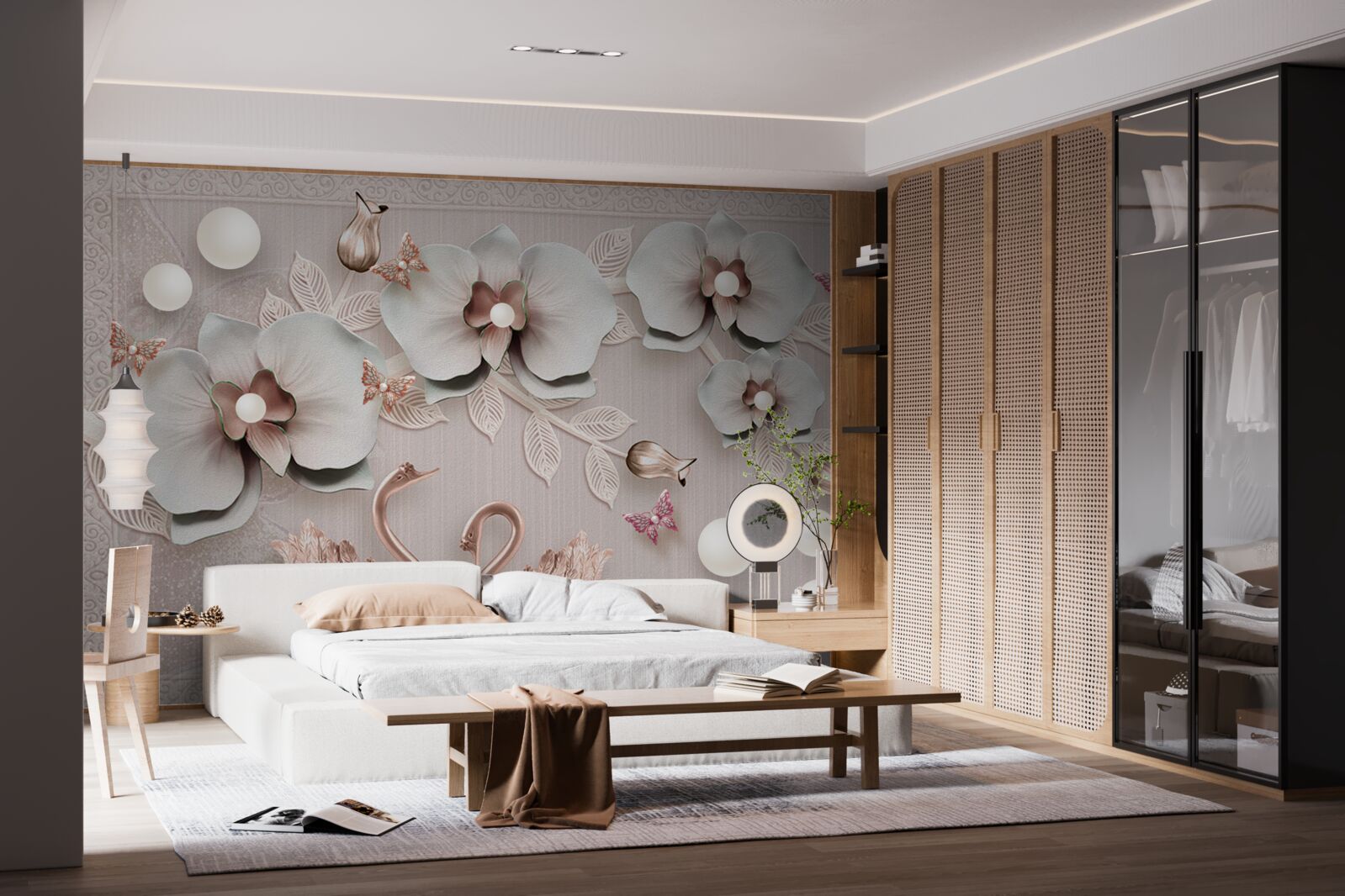 Papier peint des cygnes décorés d'or nagent parmi les fleurs d'eau