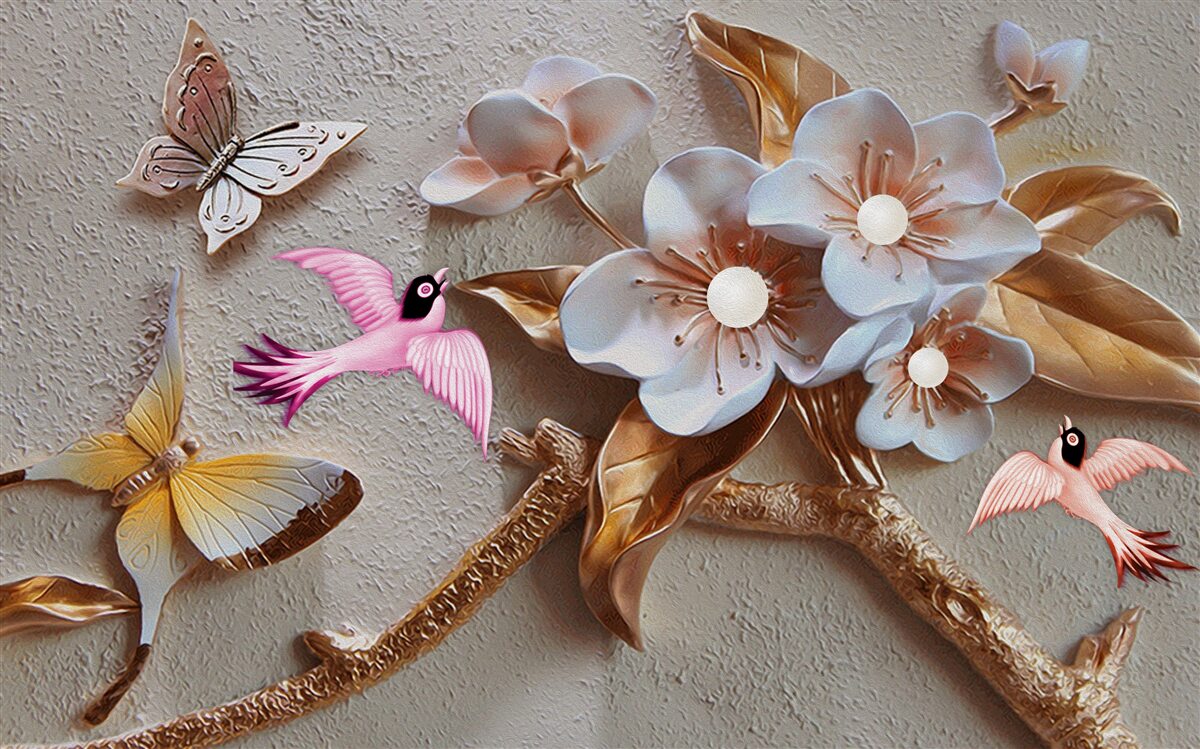 Papier peint les fleurs font la joie des papillons et des hirondelles