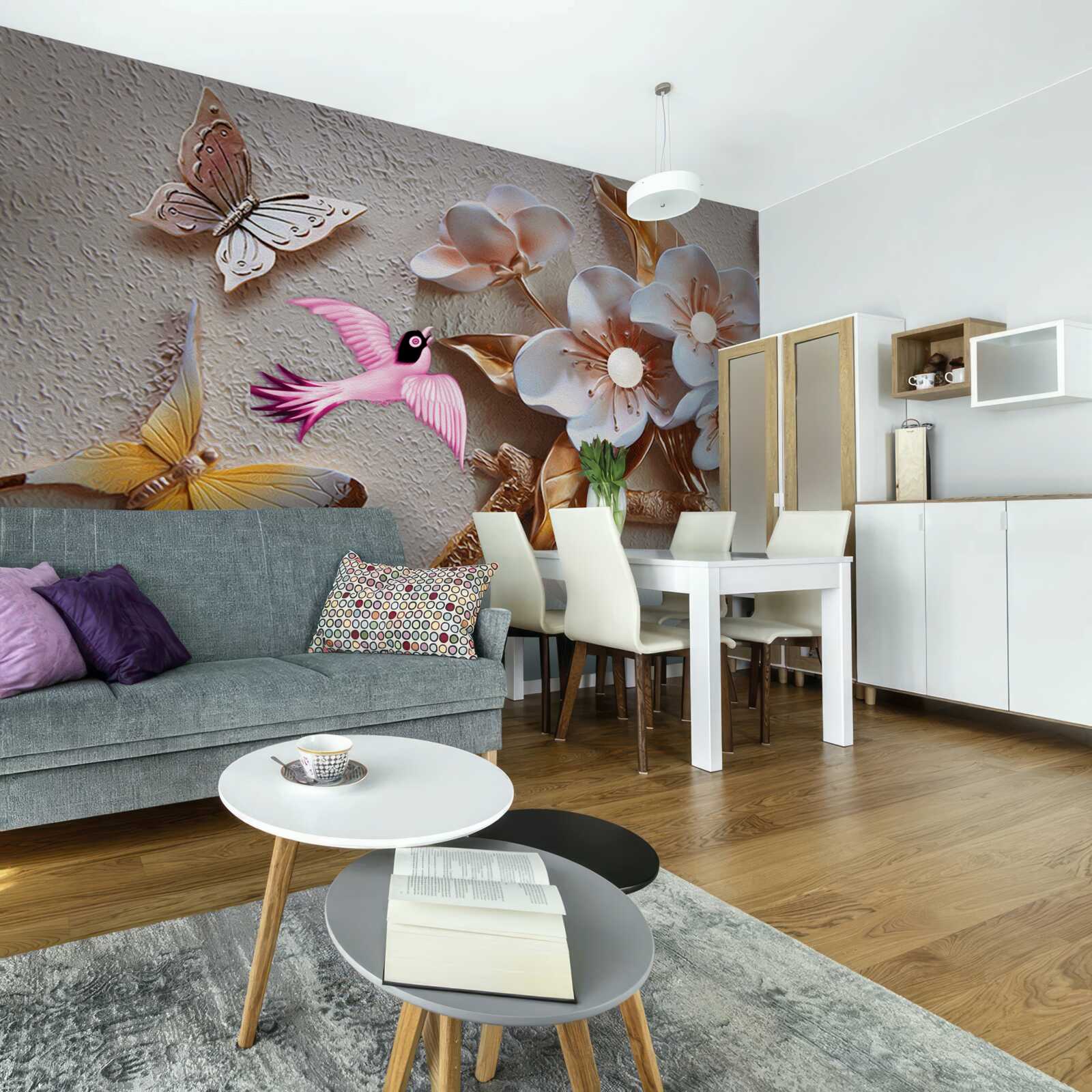 Papier peint les fleurs font la joie des papillons et des hirondelles