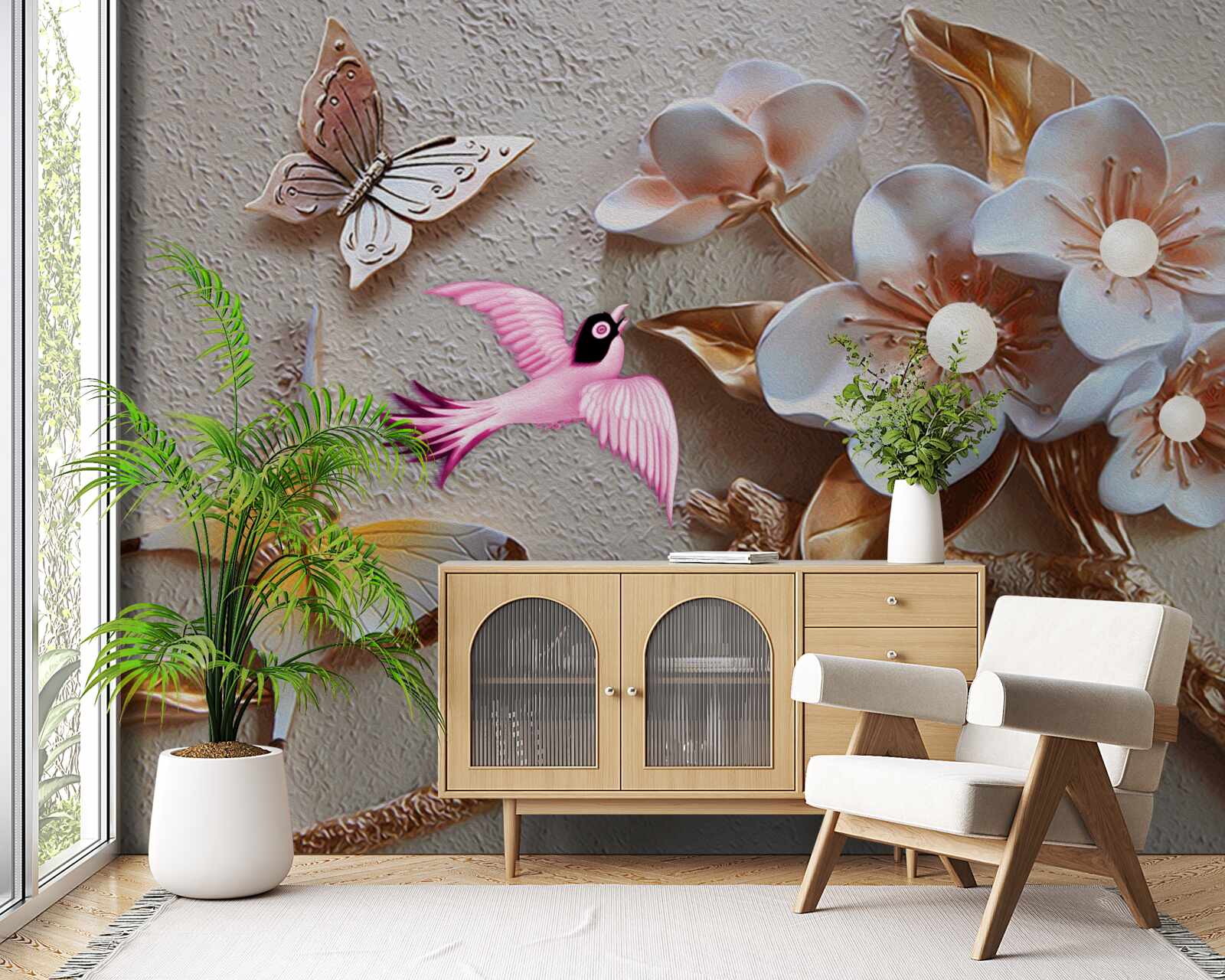 Papier peint les fleurs font la joie des papillons et des hirondelles