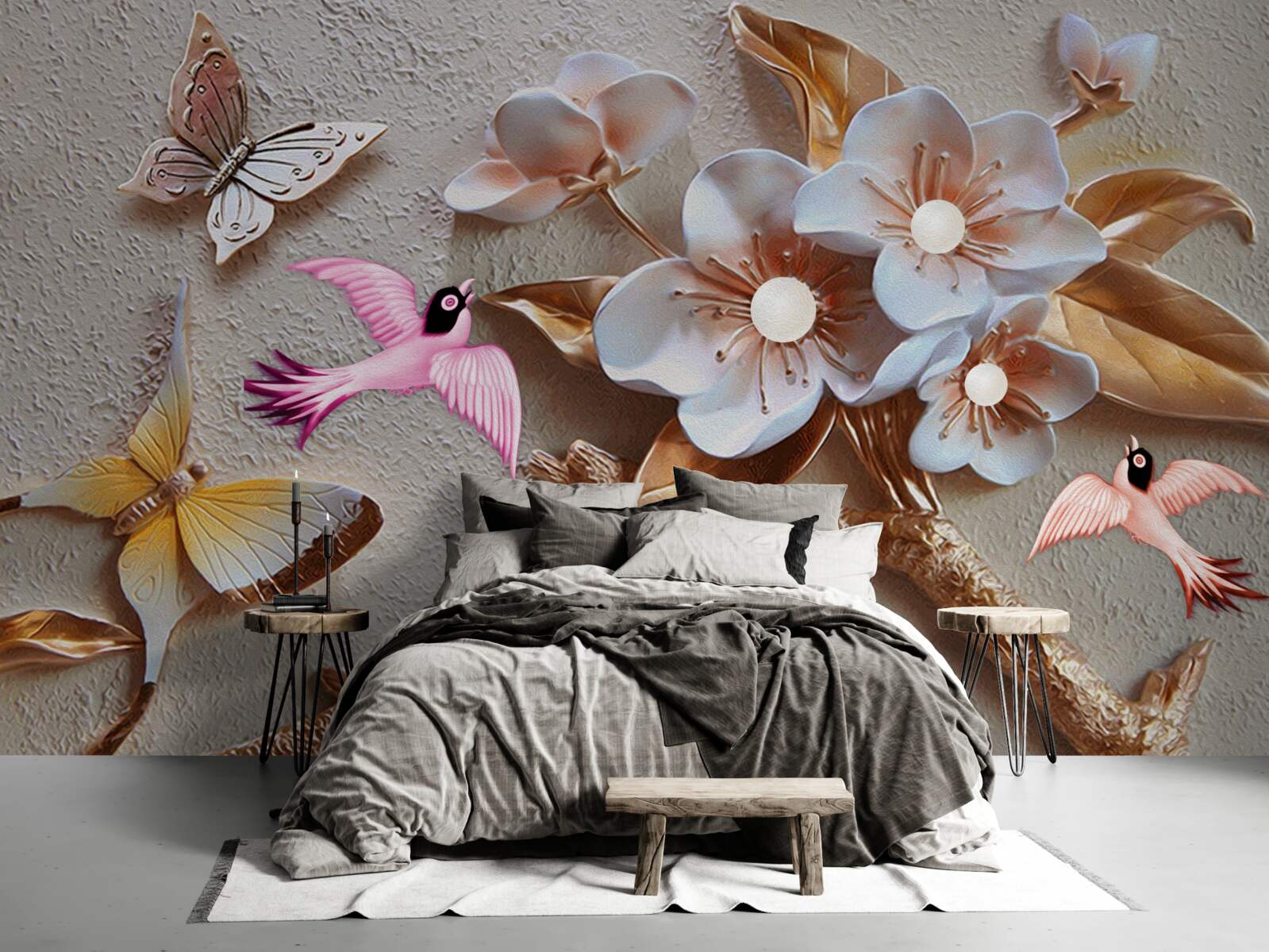 Papier peint les fleurs font la joie des papillons et des hirondelles