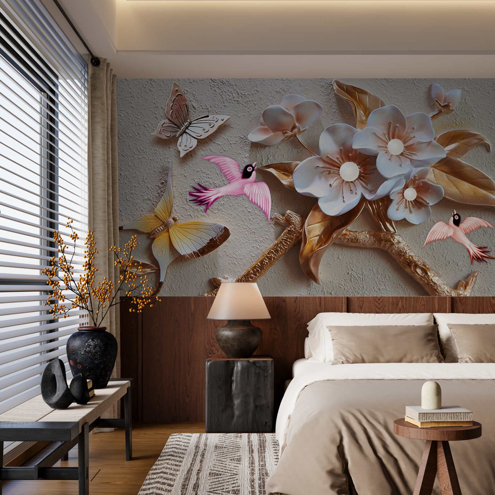 Papier peint les fleurs font la joie des papillons et des hirondelles