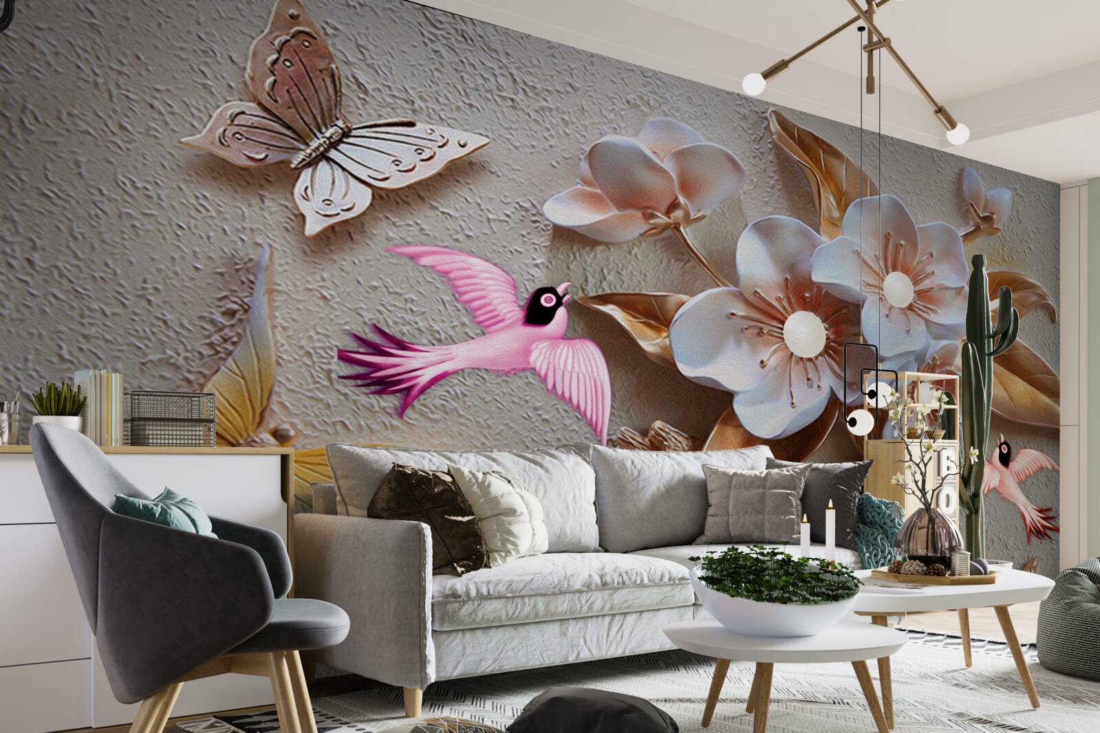 Papier peint les fleurs font la joie des papillons et des hirondelles