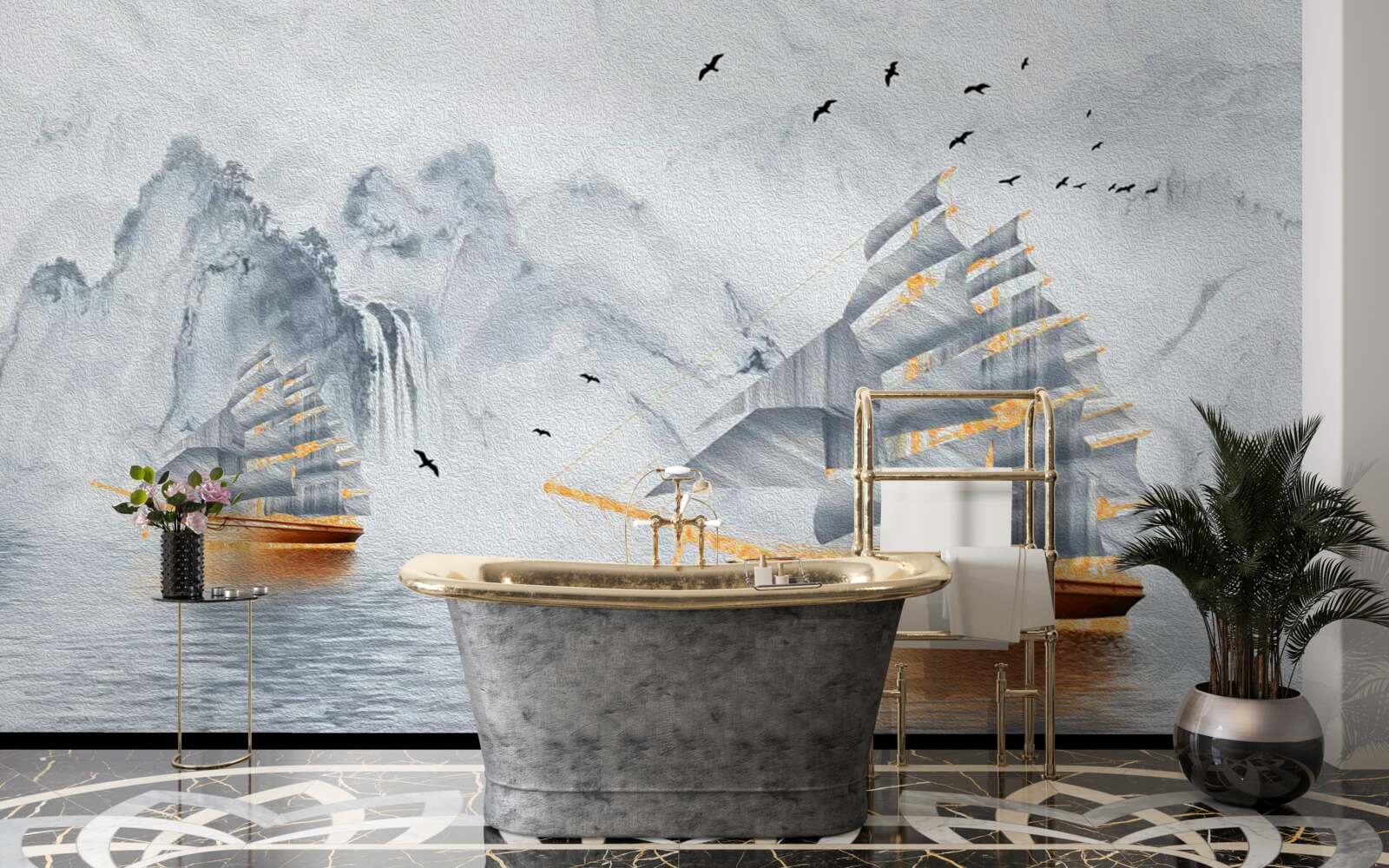 Papier peint un bateau pittoresque sort du port