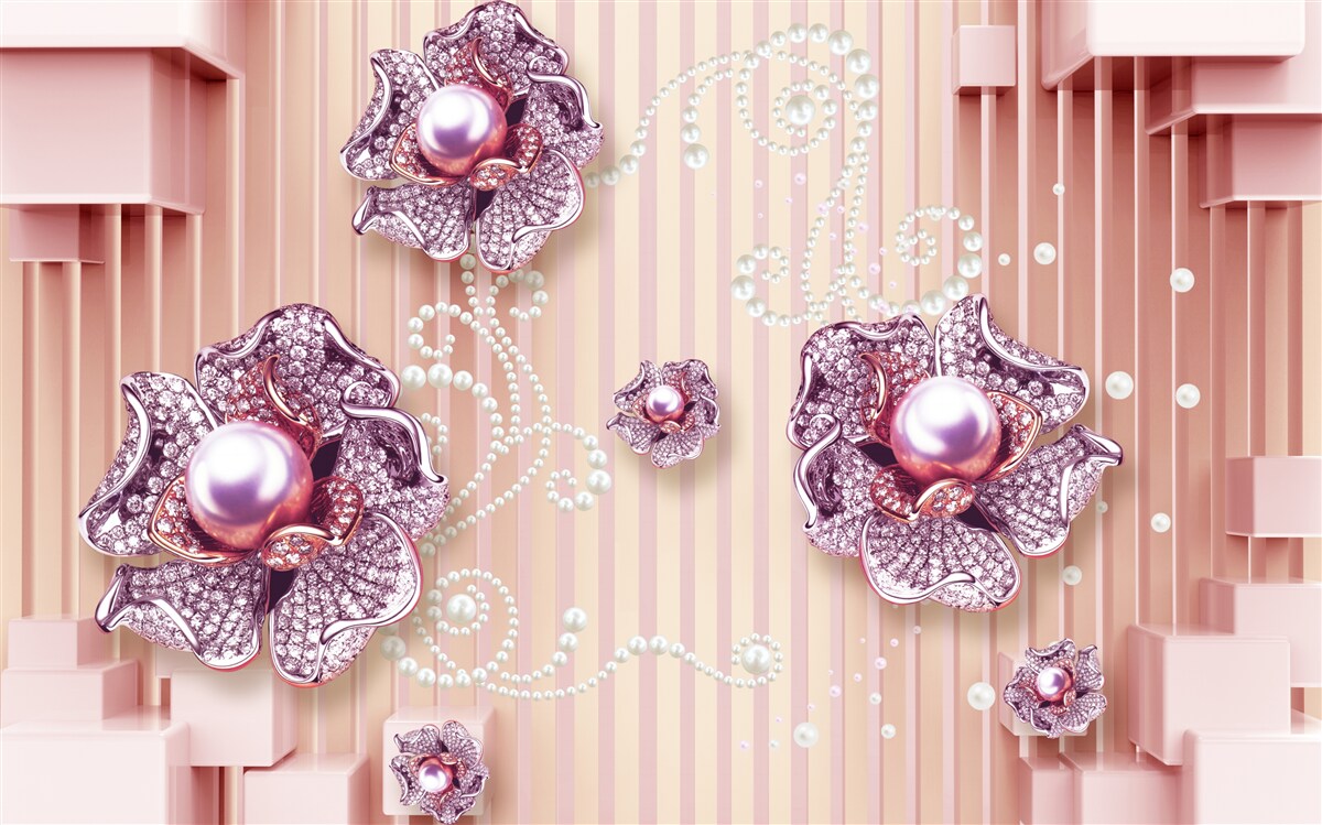 Papier peint fleurs en diamant et perles sur fond rose