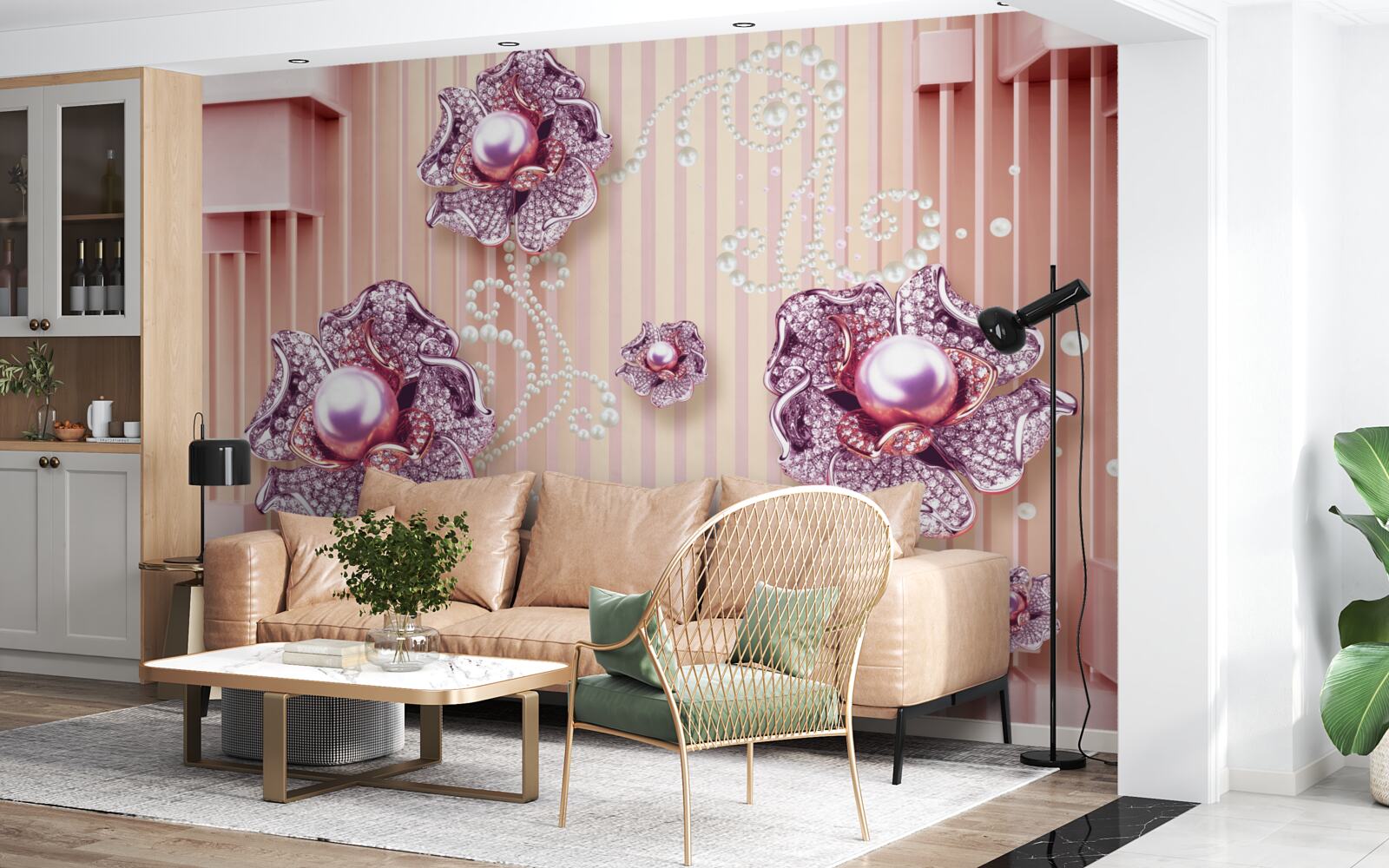 Papier peint fleurs en diamant et perles sur fond rose