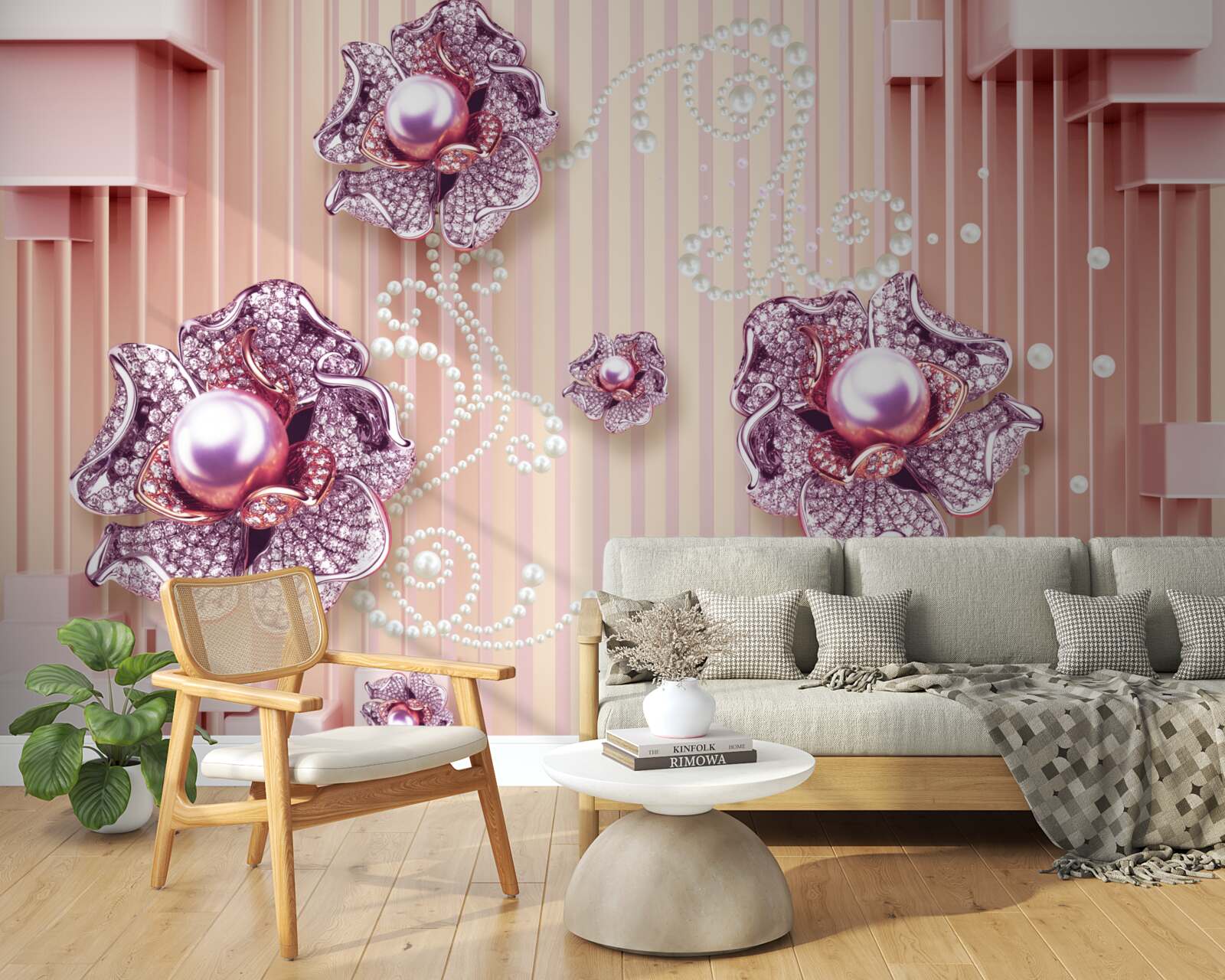 Papier peint fleurs en diamant et perles sur fond rose