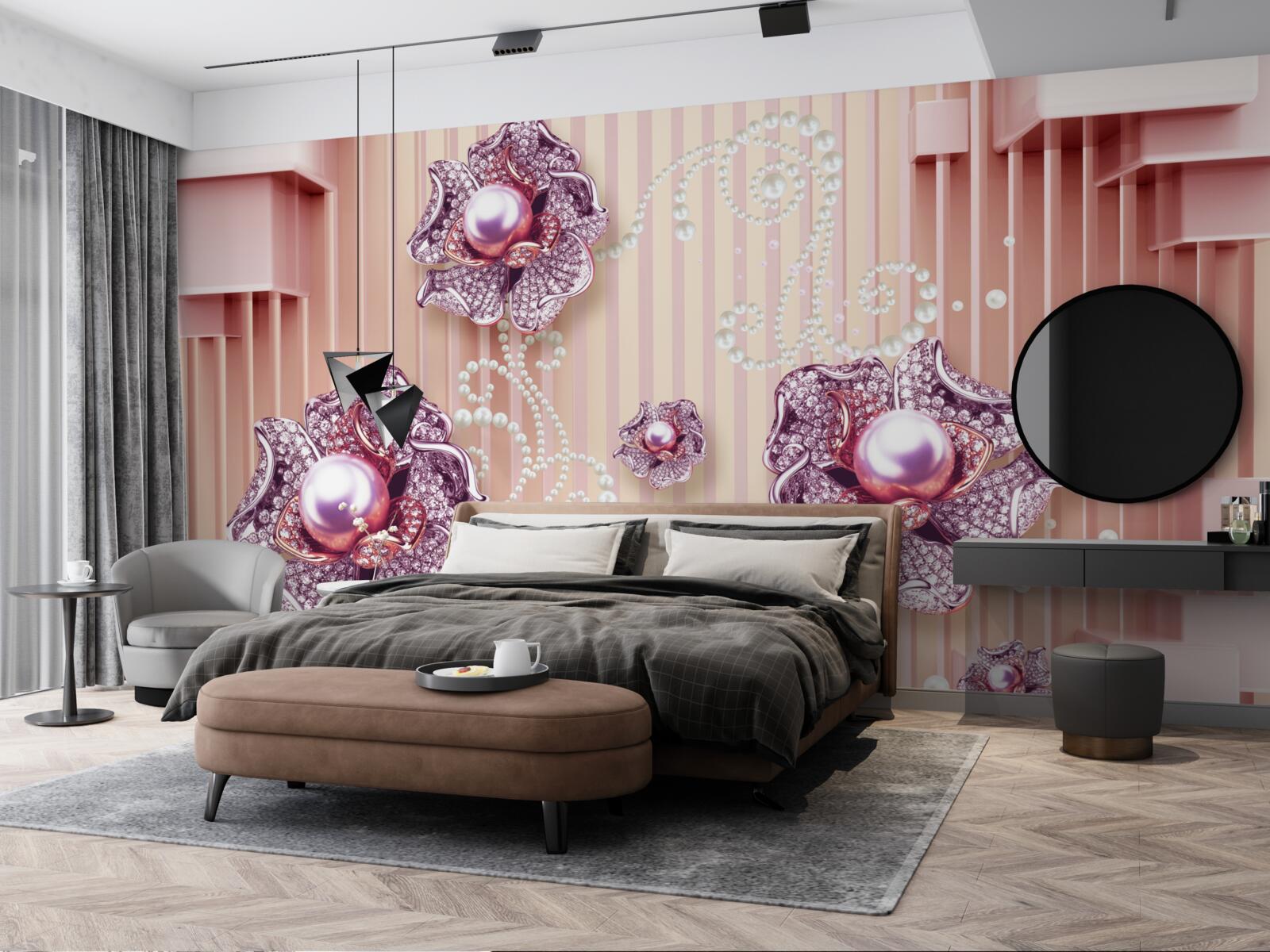 Papier peint fleurs en diamant et perles sur fond rose