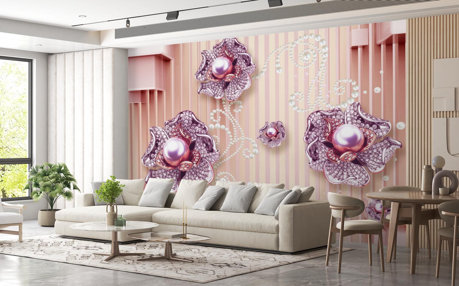 Papier peint fleurs en diamant et perles sur fond rose
