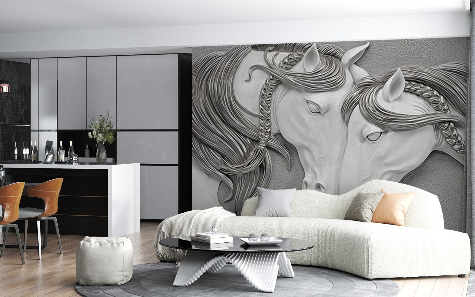 Papier peint relief représentant des chevaux amoureux