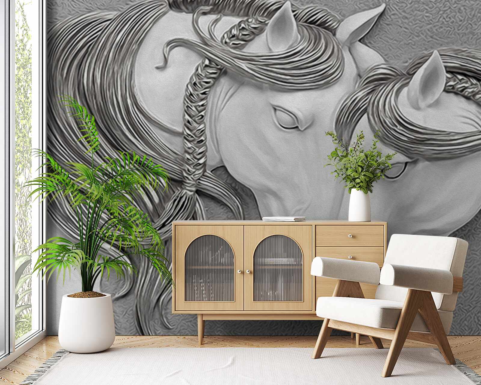 Papier peint relief représentant des chevaux amoureux
