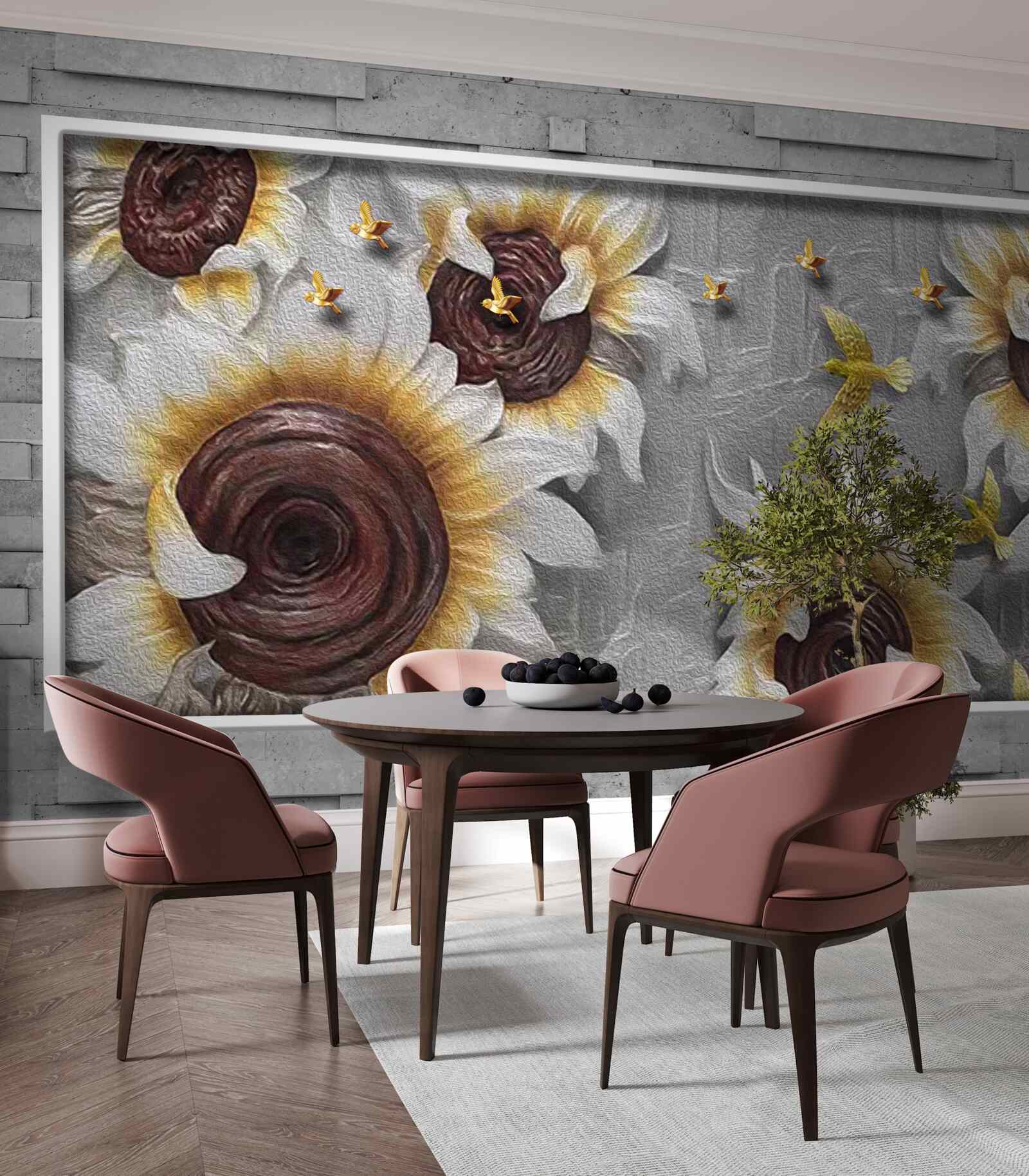 Papier peint tournesols et papillons blancs