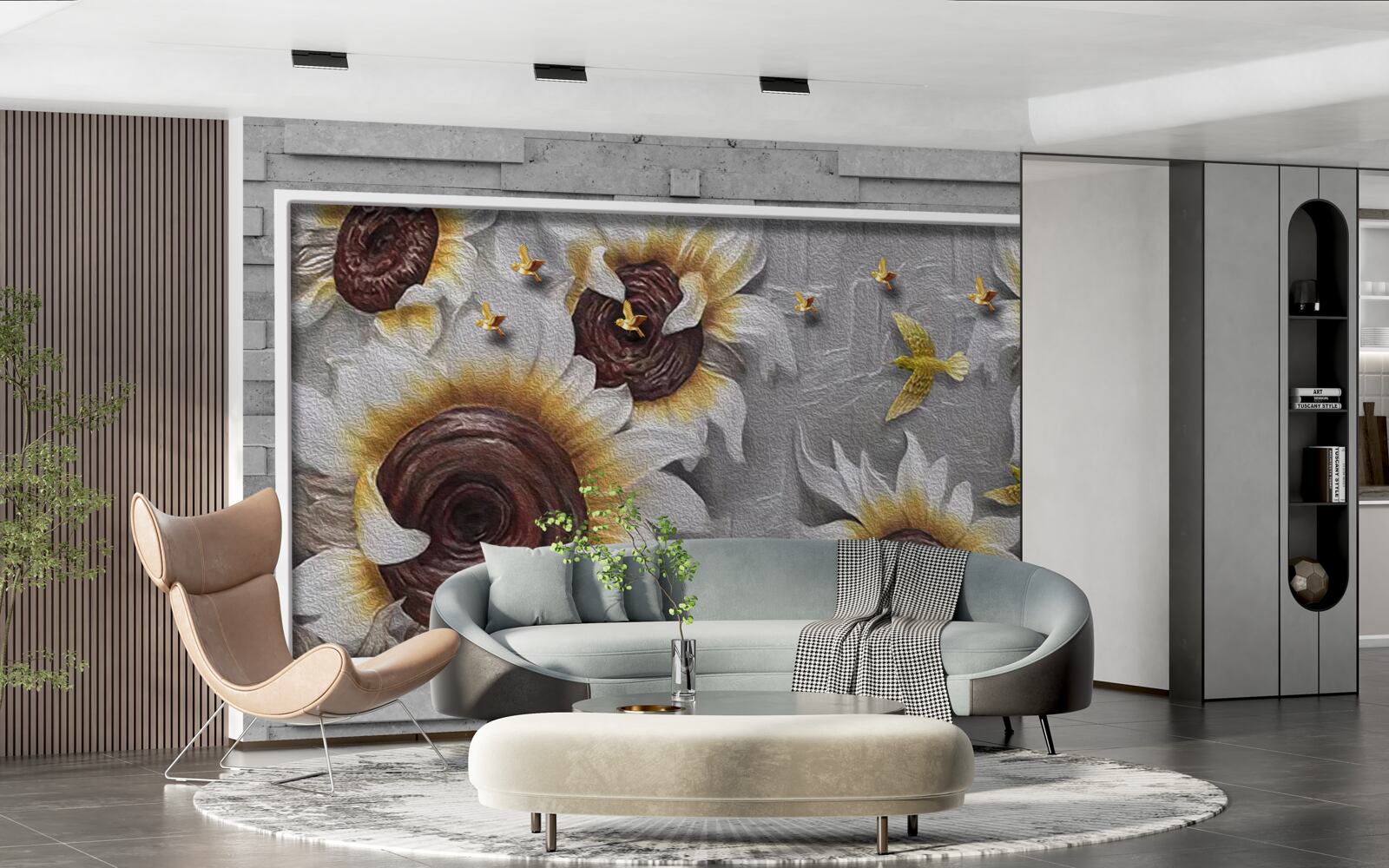 Papier peint tournesols et papillons blancs