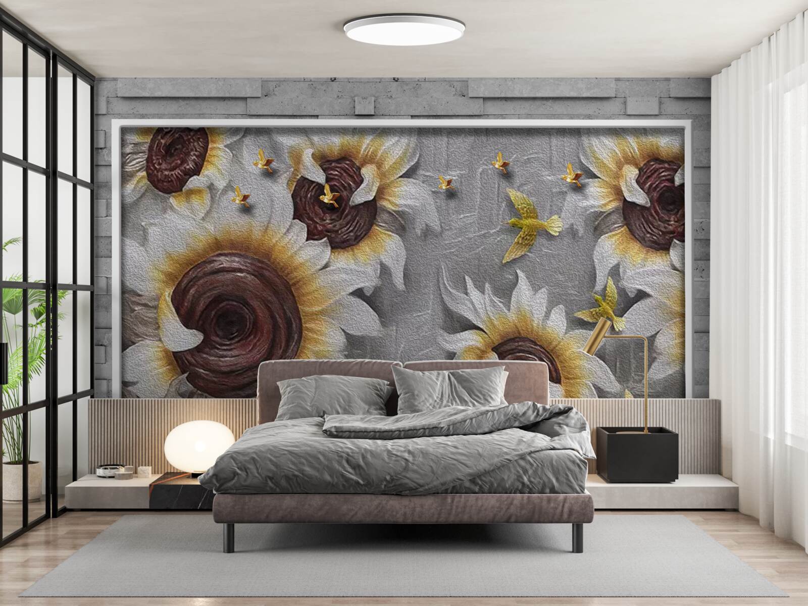 Papier peint tournesols et papillons blancs