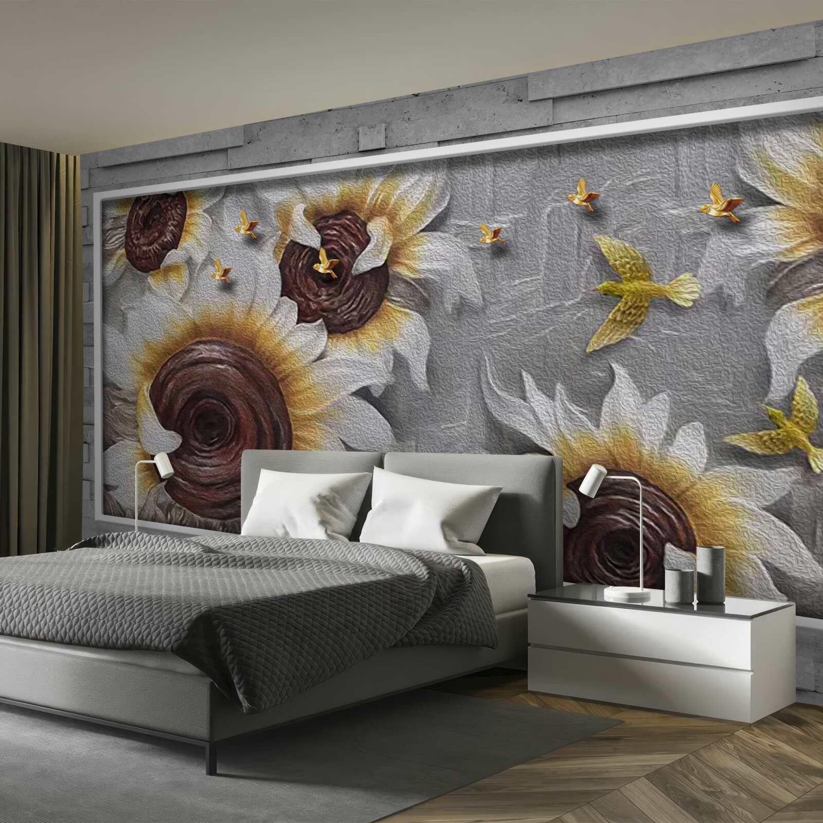 Papier peint tournesols et papillons blancs