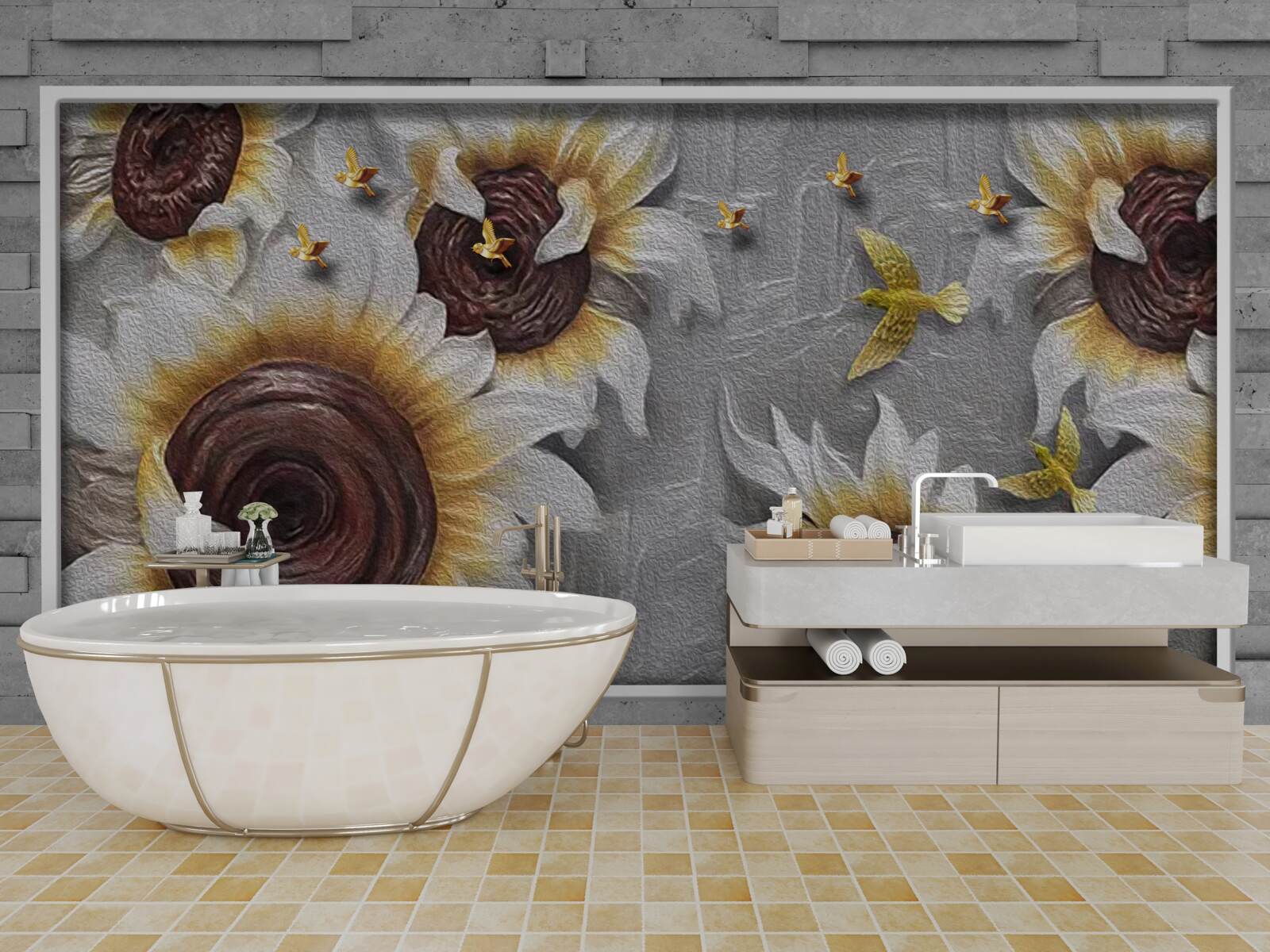 Papier peint tournesols et papillons blancs