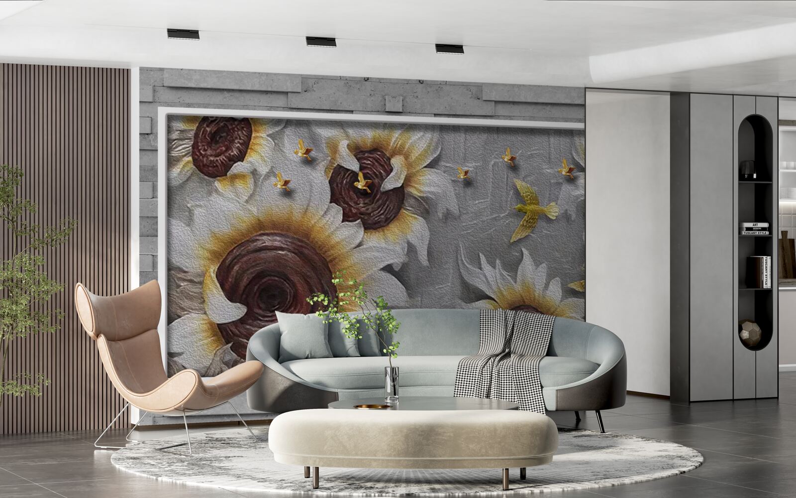 Papier peint tournesols et papillons blancs