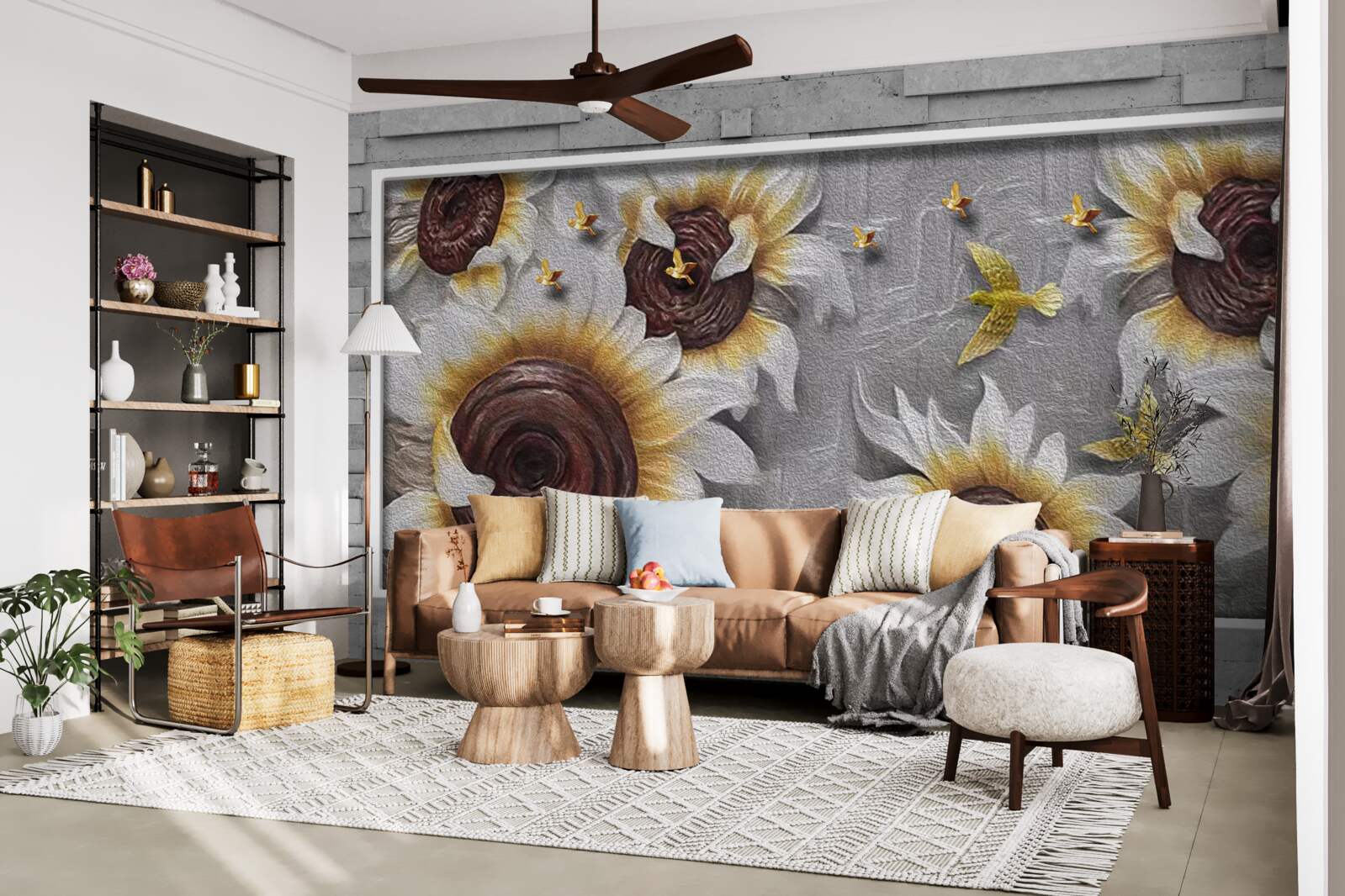 Papier peint tournesols et papillons blancs