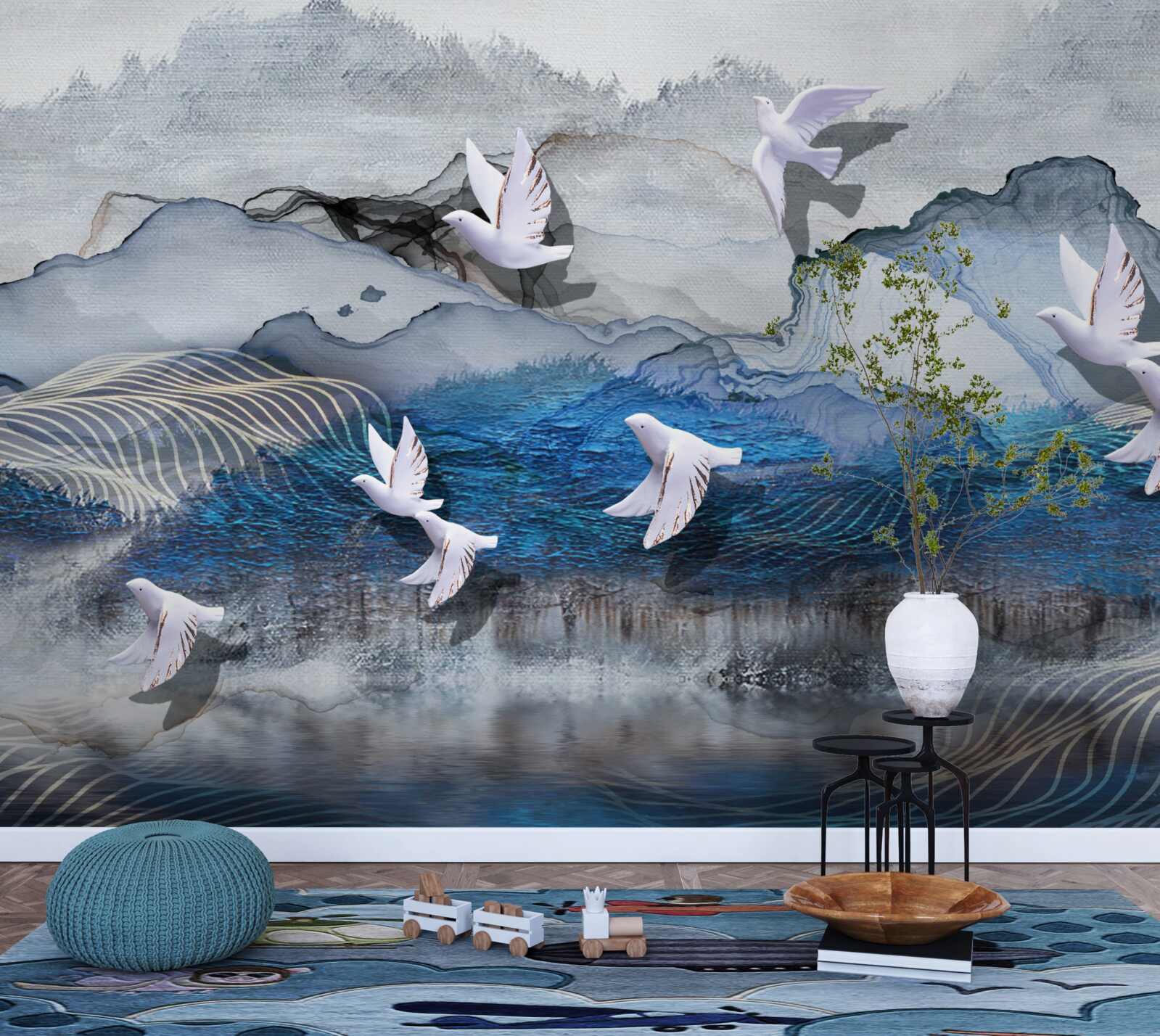 Papier peint Les cygnes volent au-dessus de la tempête