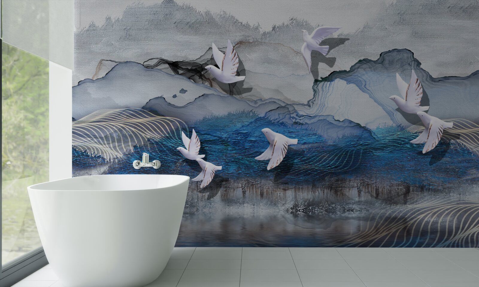 Papier peint Les cygnes volent au-dessus de la tempête