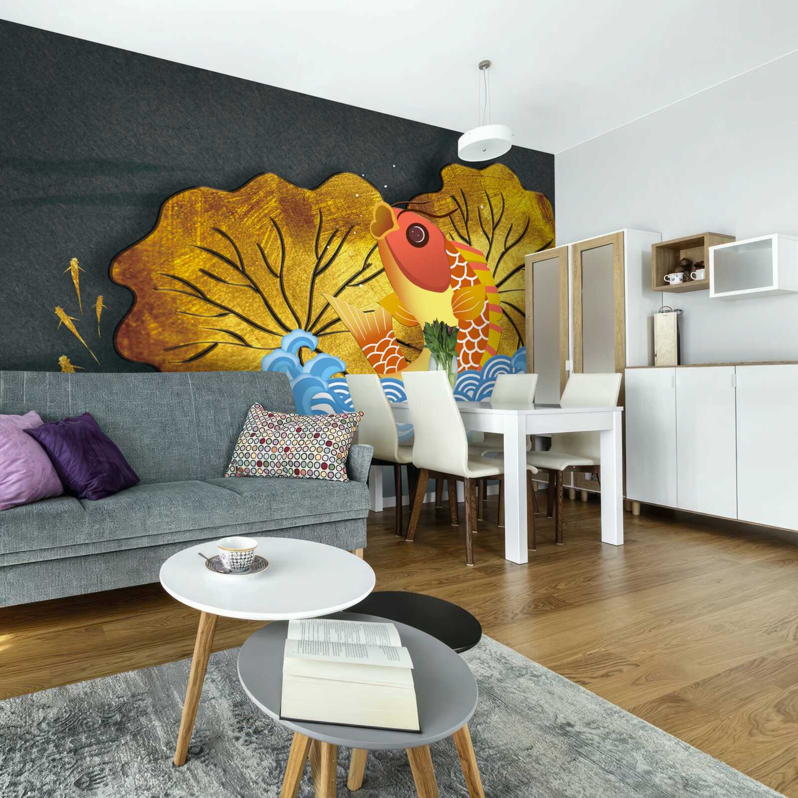 Papier peint feuilles d'automne et poissons dans l'eau