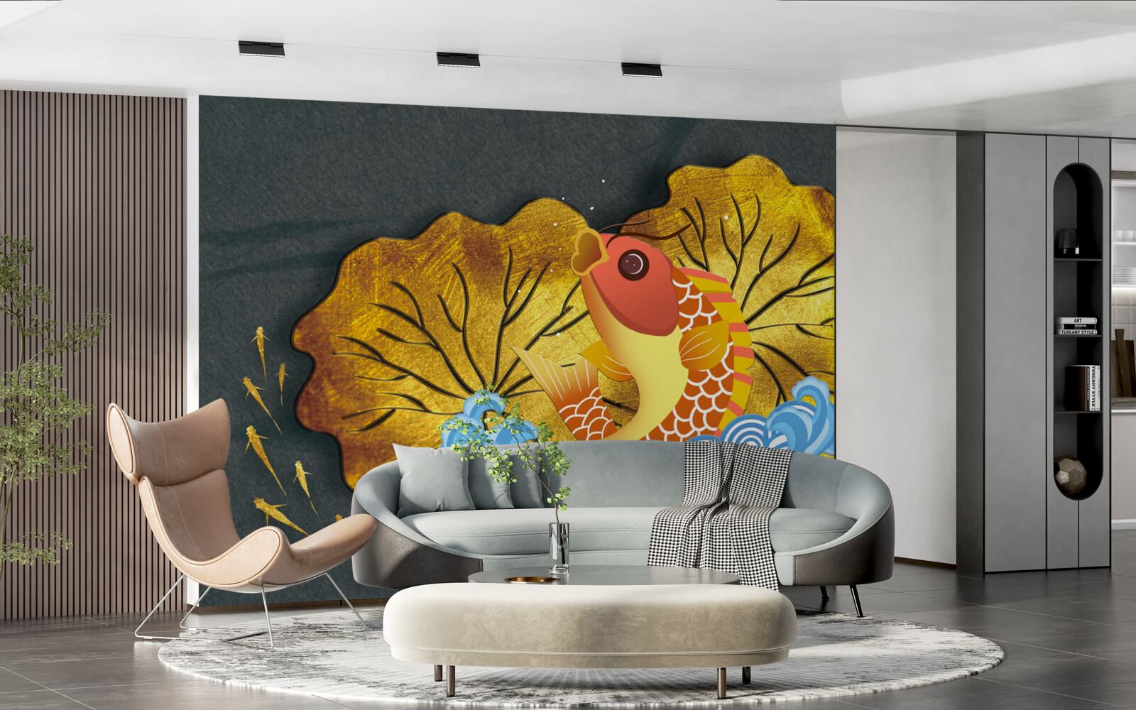 Papier peint feuilles d'automne et poissons dans l'eau