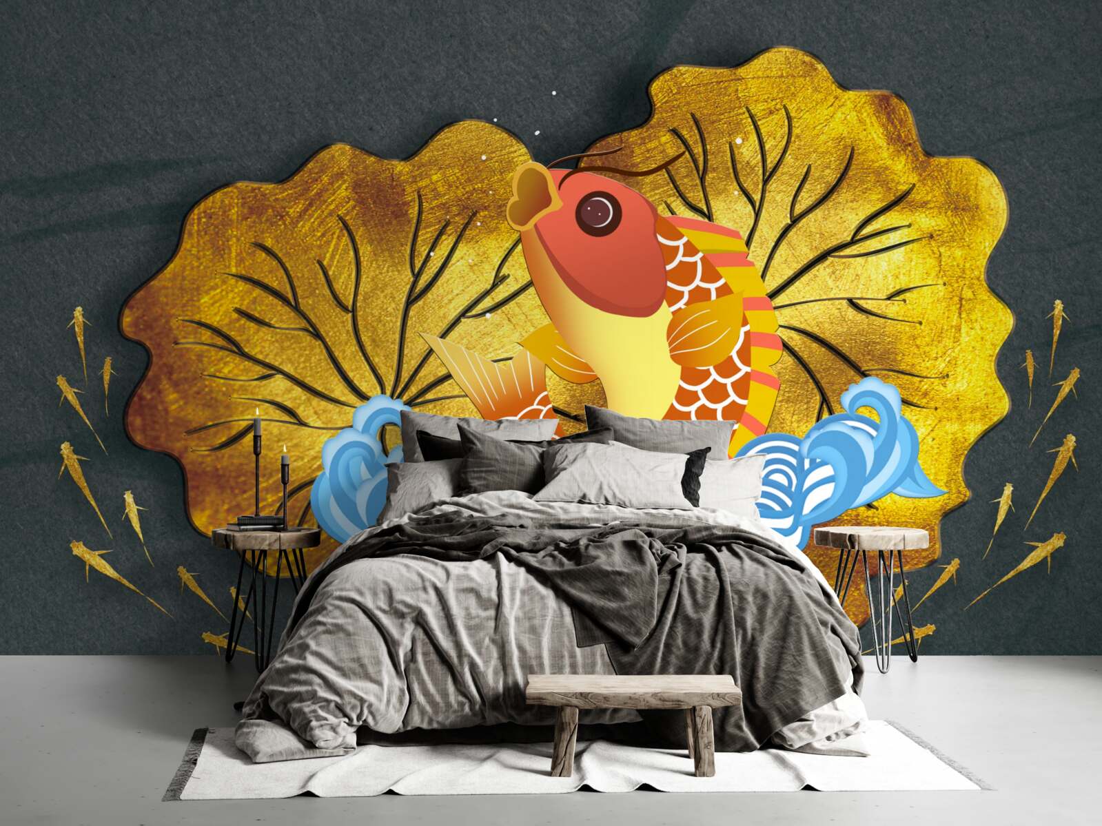 Papier peint feuilles d'automne et poissons dans l'eau