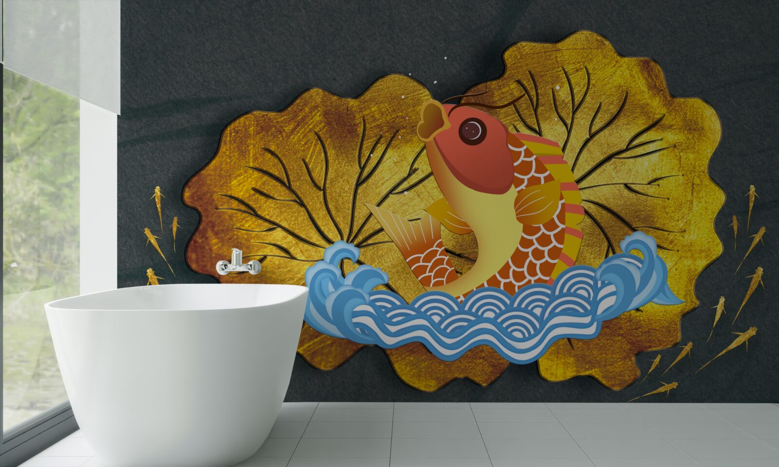 Papier peint feuilles d'automne et poissons dans l'eau