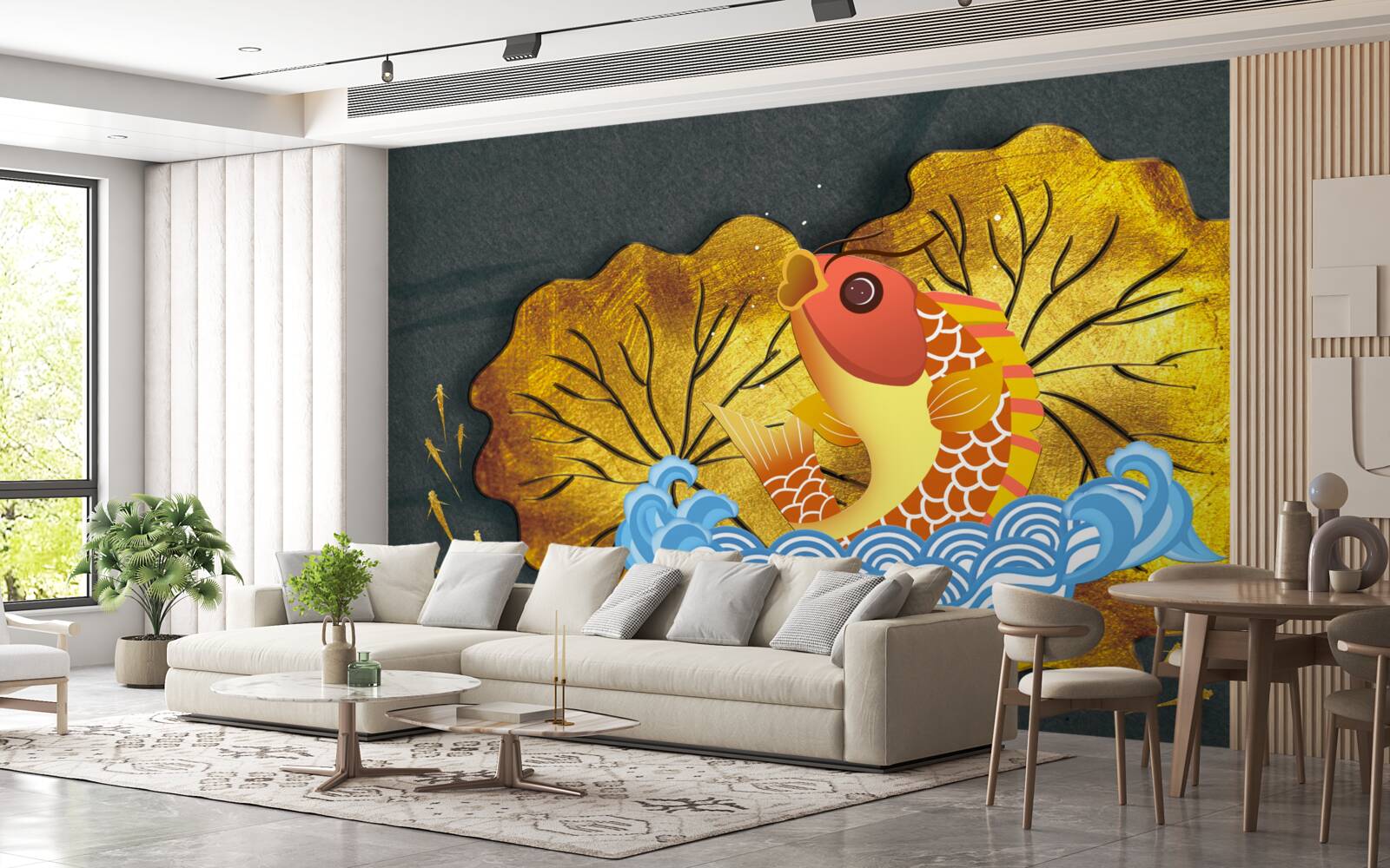 Papier peint feuilles d'automne et poissons dans l'eau