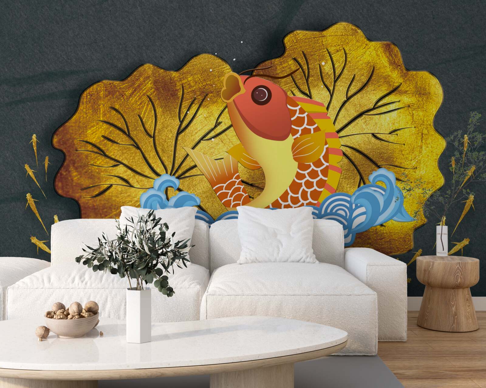 Papier peint feuilles d'automne et poissons dans l'eau