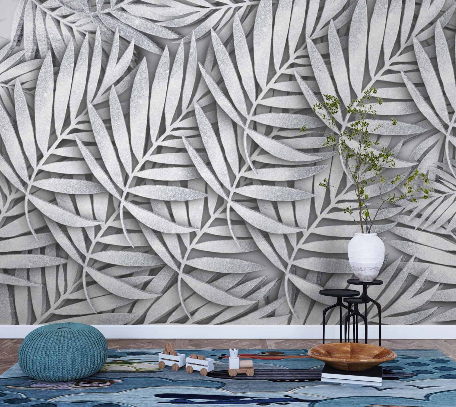 Papier peint branches de fougères blanches