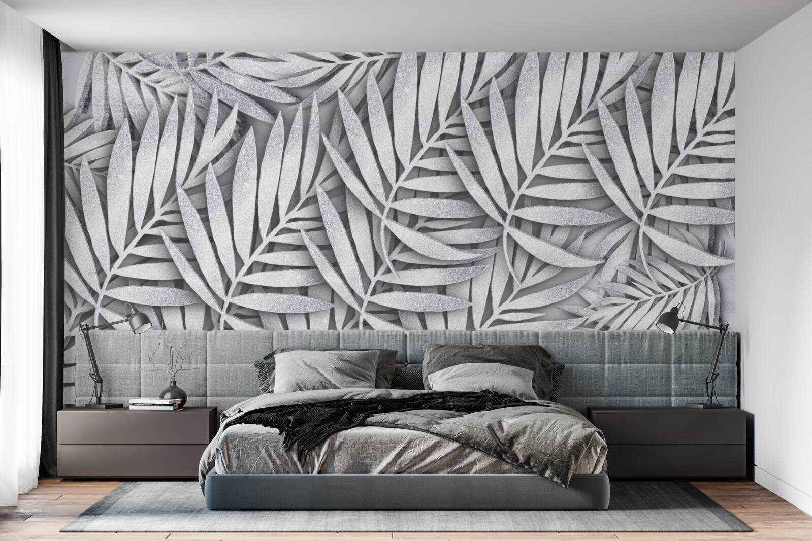 Papier peint branches de fougères blanches