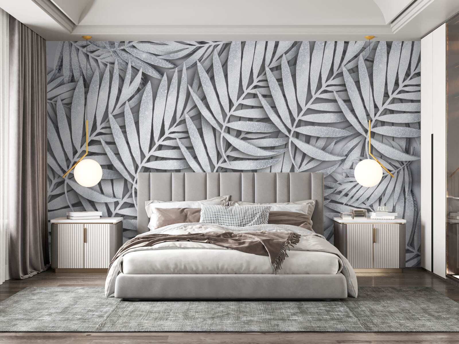 Papier peint branches de fougères blanches