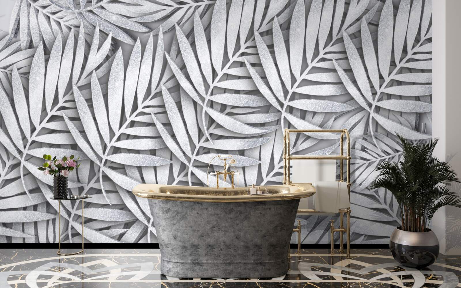 Papier peint branches de fougères blanches