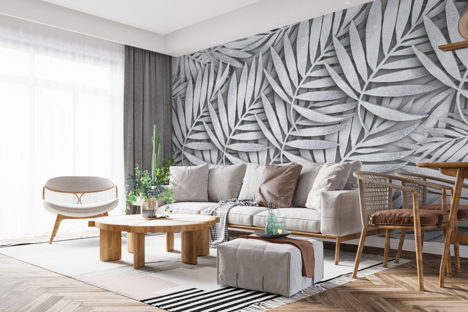 Papier peint branches de fougères blanches