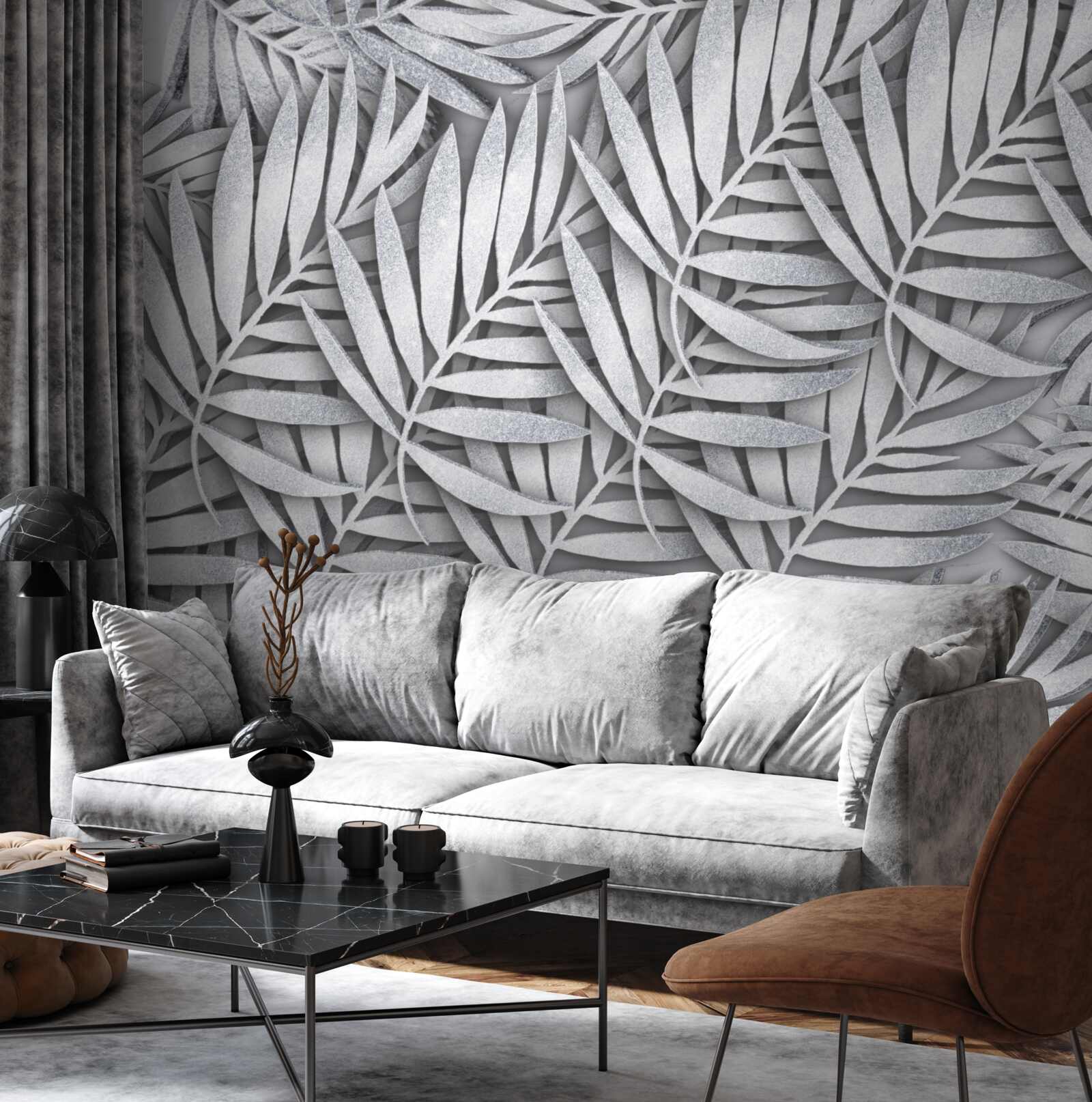 Papier peint branches de fougères blanches