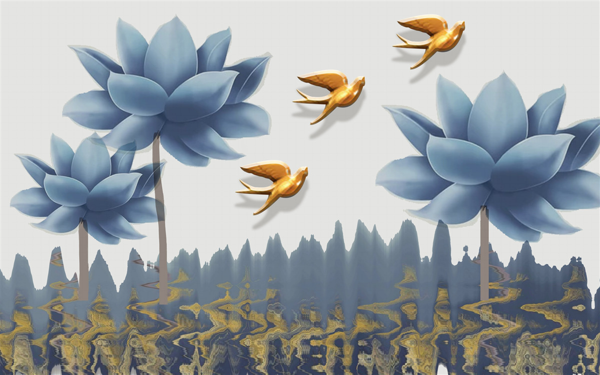 Papier peint des oiseaux dorés survolent une prairie parsemée de fleurs