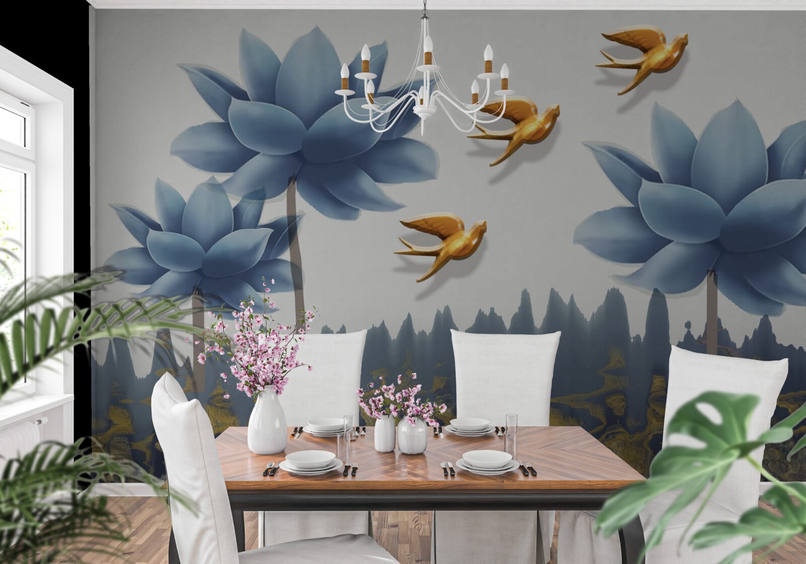 Papier peint des oiseaux dorés survolent une prairie parsemée de fleurs