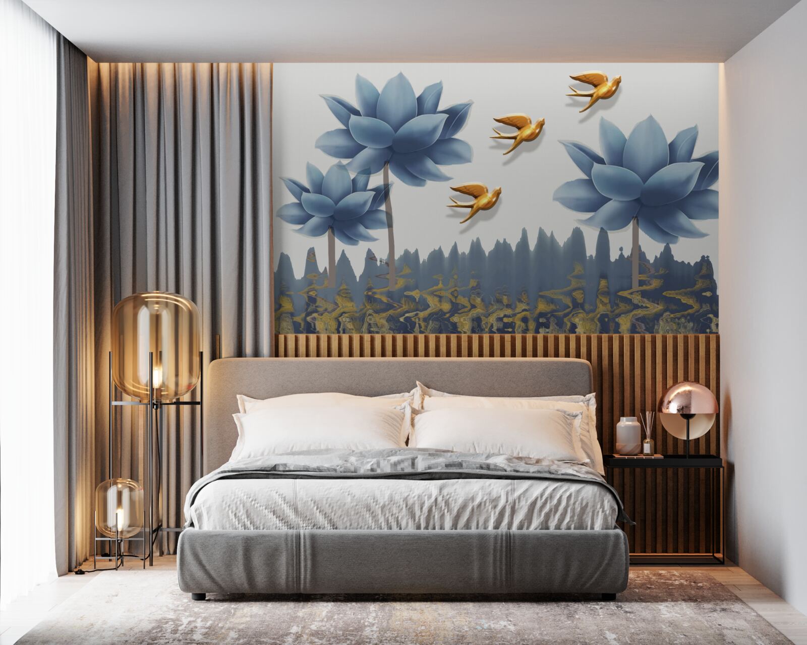 Papier peint des oiseaux dorés survolent une prairie parsemée de fleurs