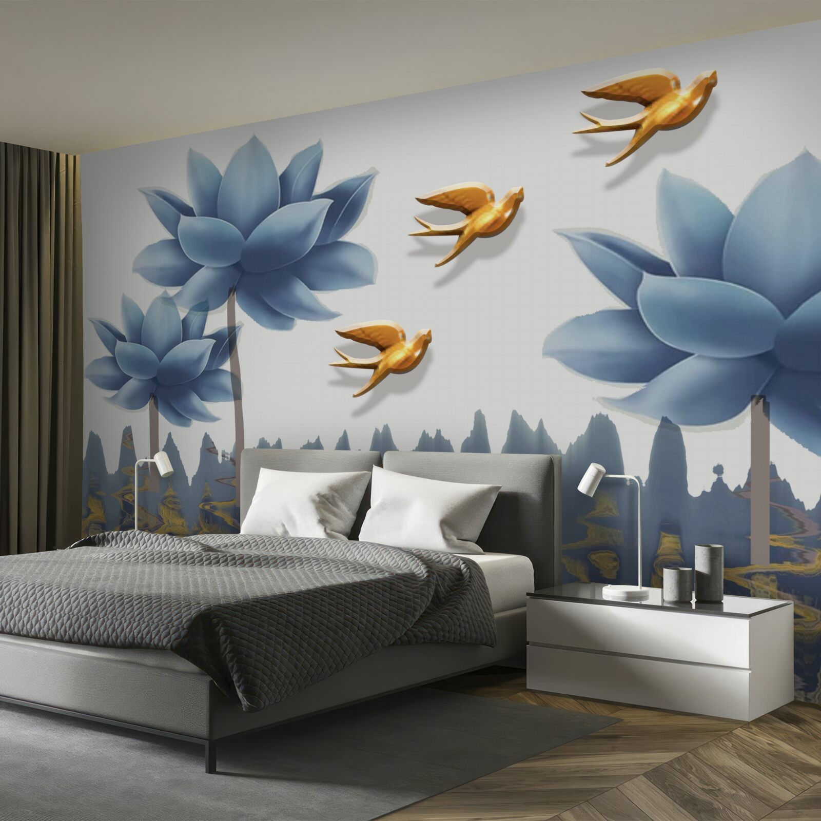 Papier peint des oiseaux dorés survolent une prairie parsemée de fleurs