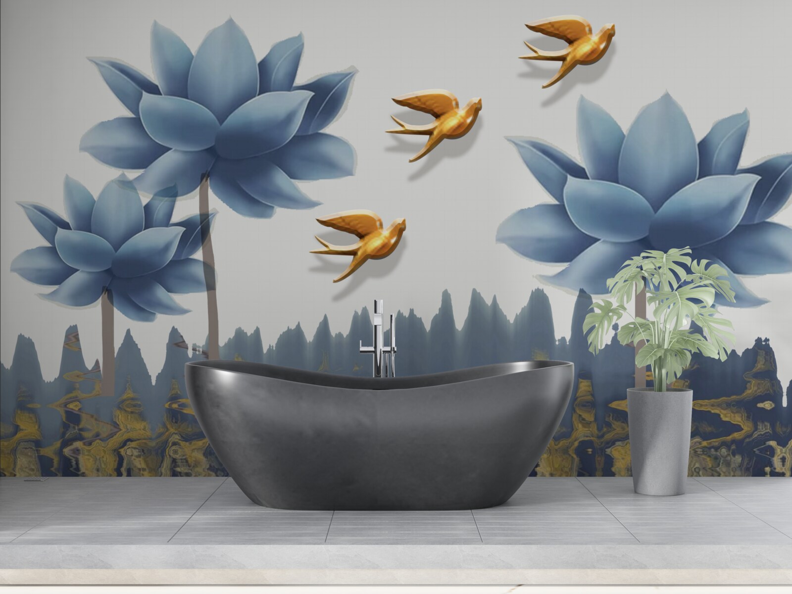 Papier peint des oiseaux dorés survolent une prairie parsemée de fleurs