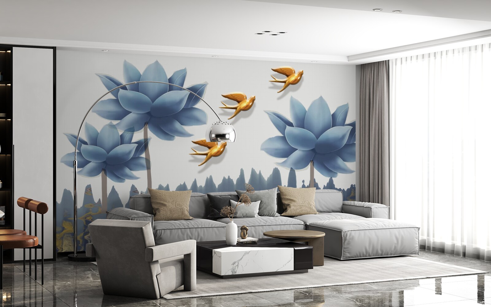 Papier peint des oiseaux dorés survolent une prairie parsemée de fleurs