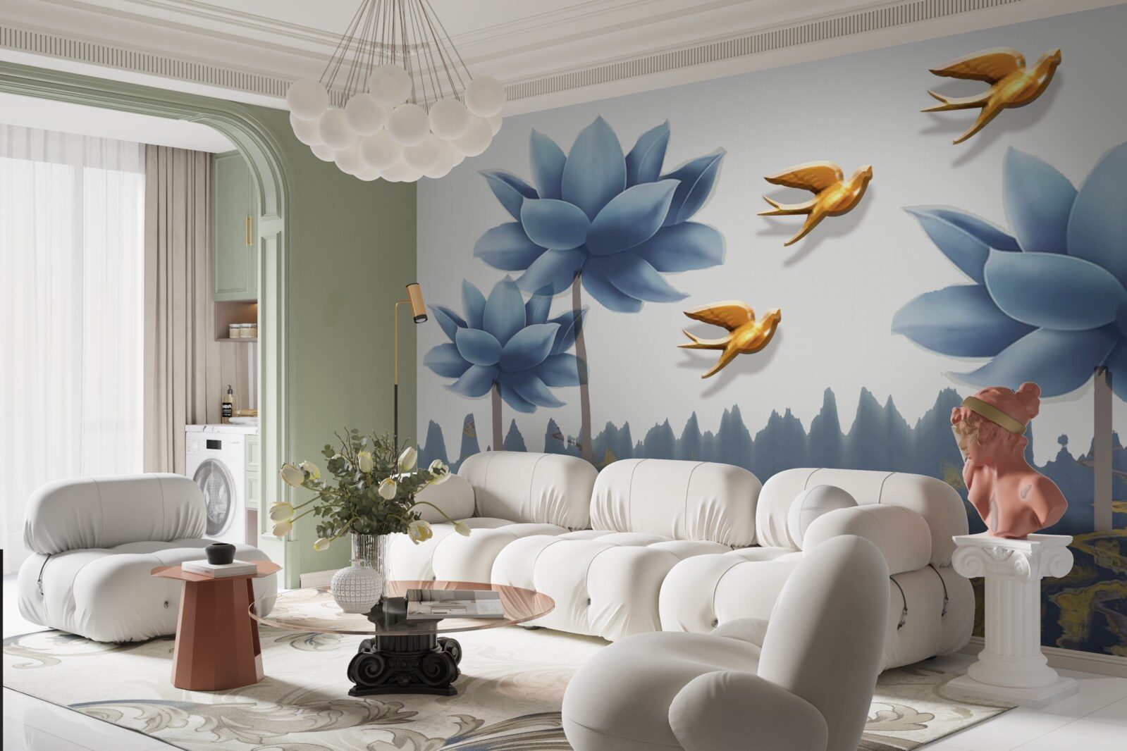 Papier peint des oiseaux dorés survolent une prairie parsemée de fleurs