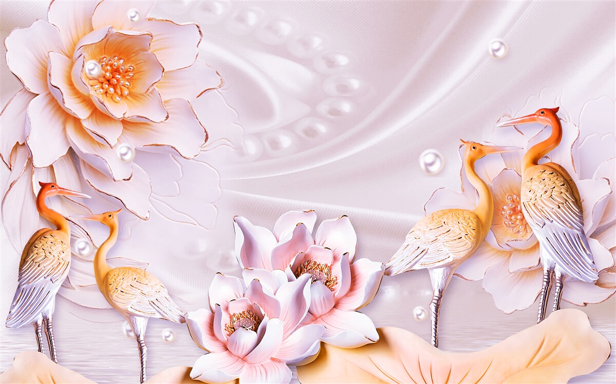 Papier peint volée d'oiseaux et roses écarlates sur soie