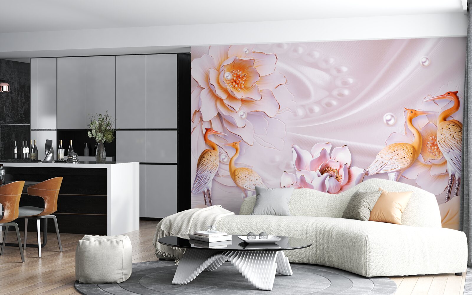 Papier peint volée d'oiseaux et roses écarlates sur soie